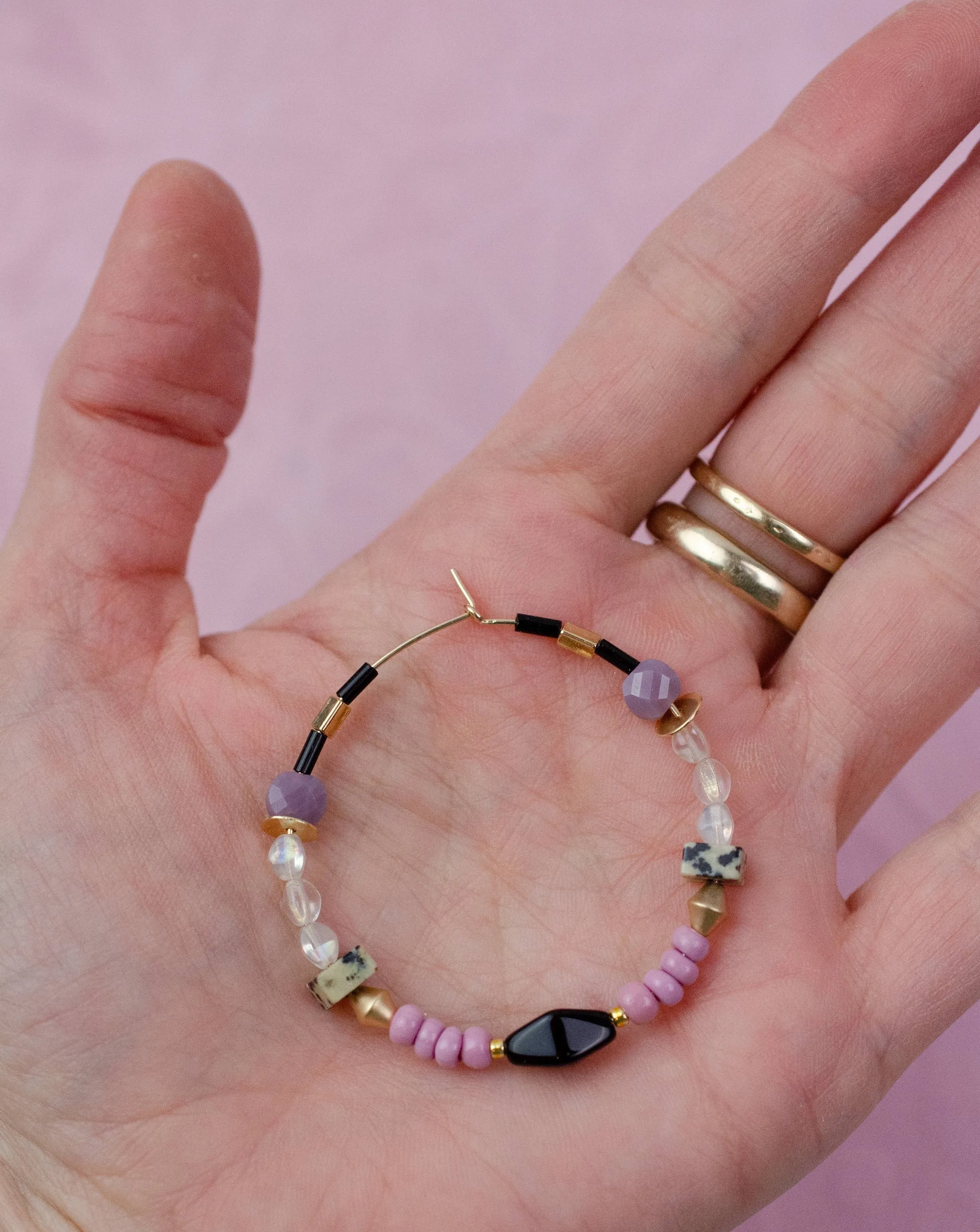 Purple, Pink and Black Beaded Hoops