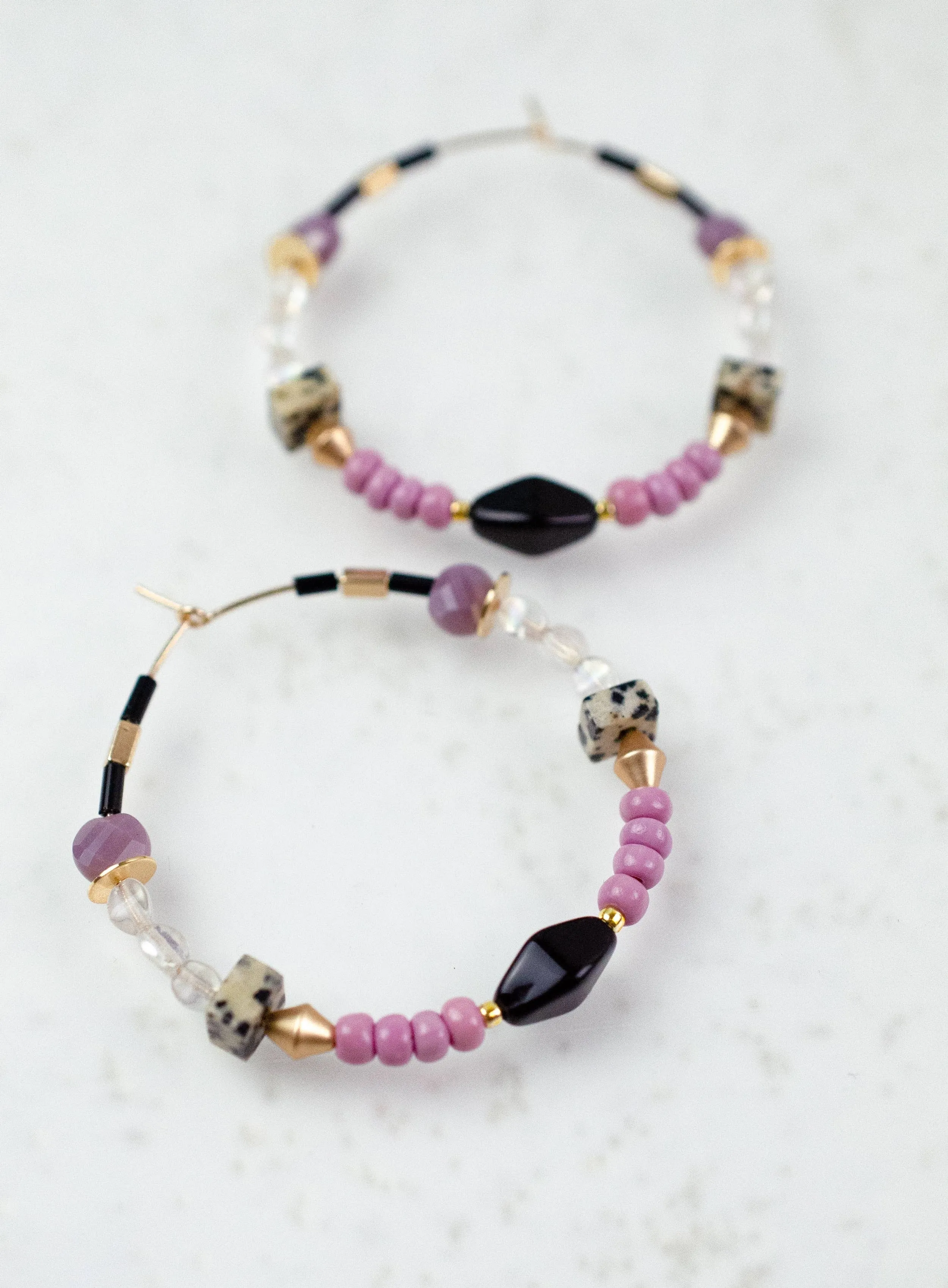 Purple, Pink and Black Beaded Hoops