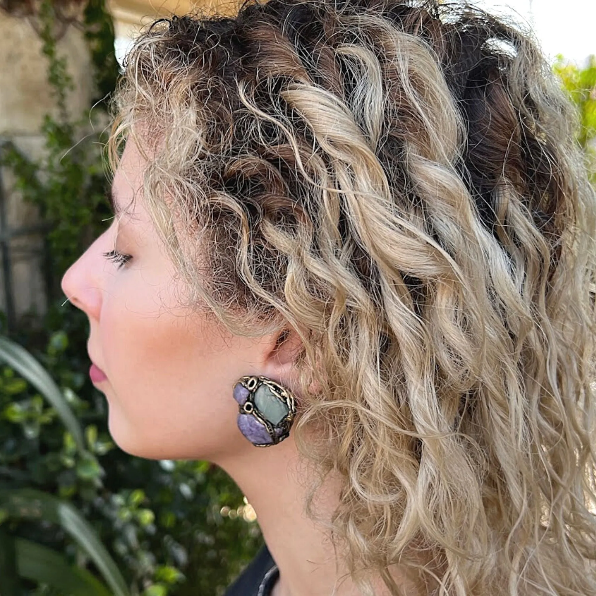 Raw crystal stud earrings, Fluorite earrings, Chalcedony earrings