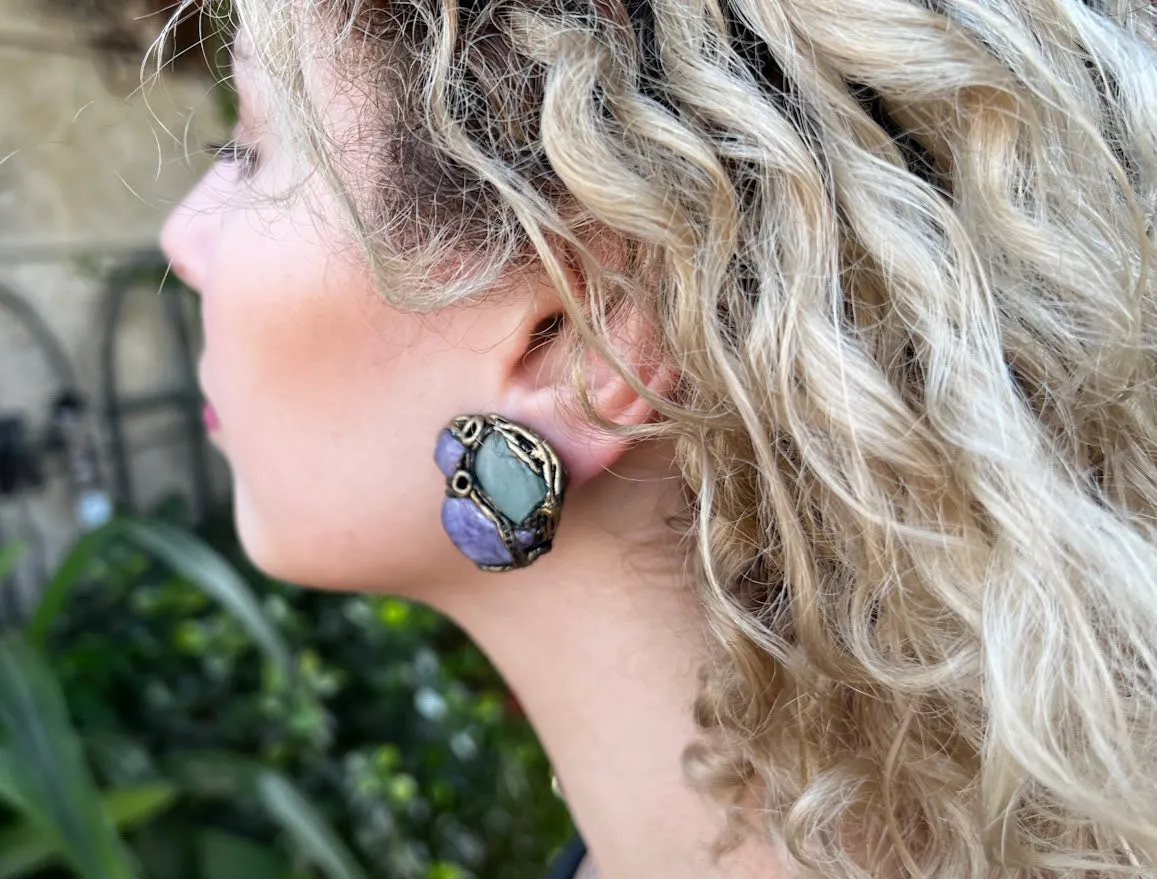 Raw crystal stud earrings, Fluorite earrings, Chalcedony earrings