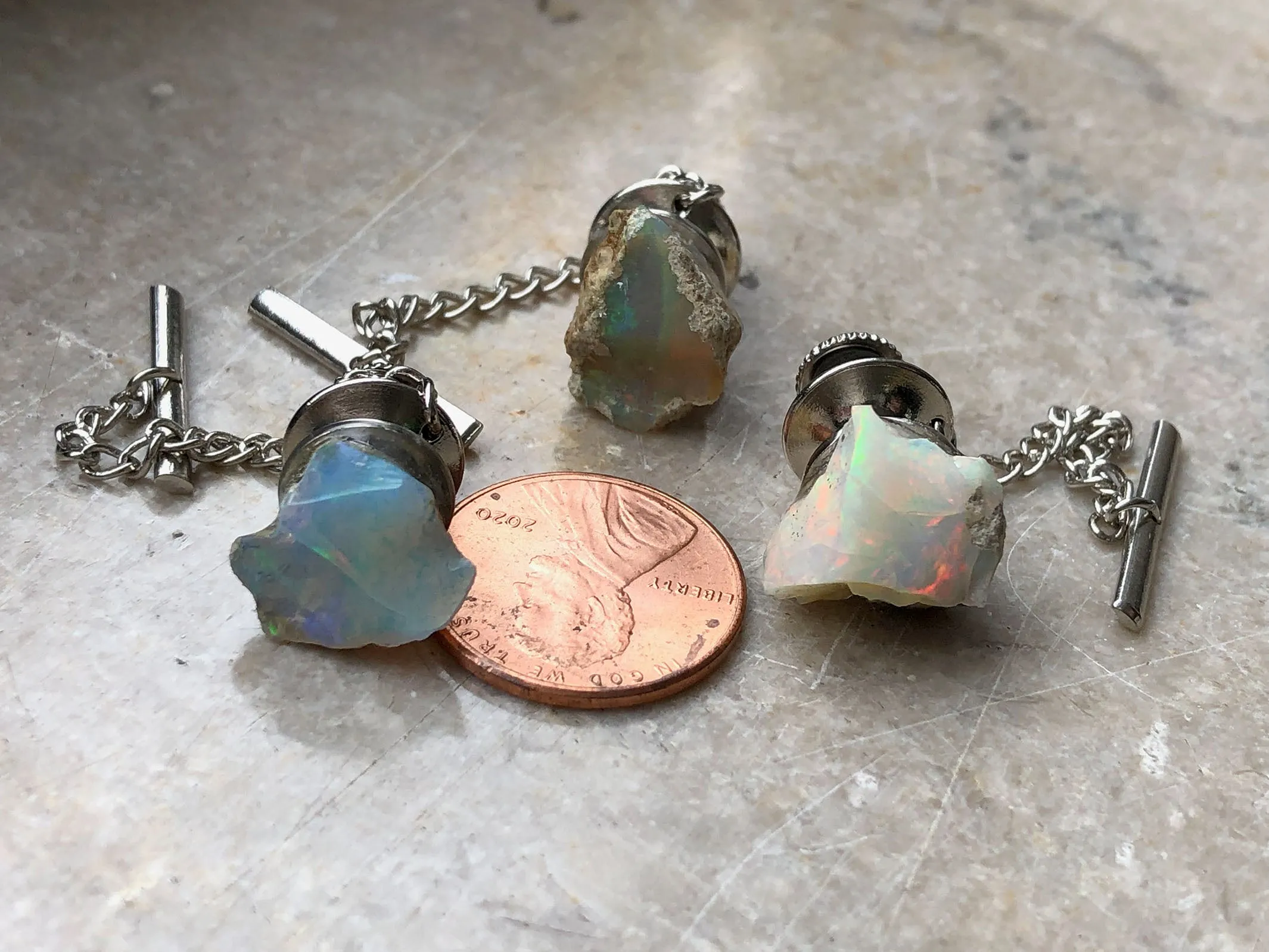 Raw Opal Tie Tack, Ethiopian Welo Opal Tie Pin. Precious Opal Gemstone tie tack
