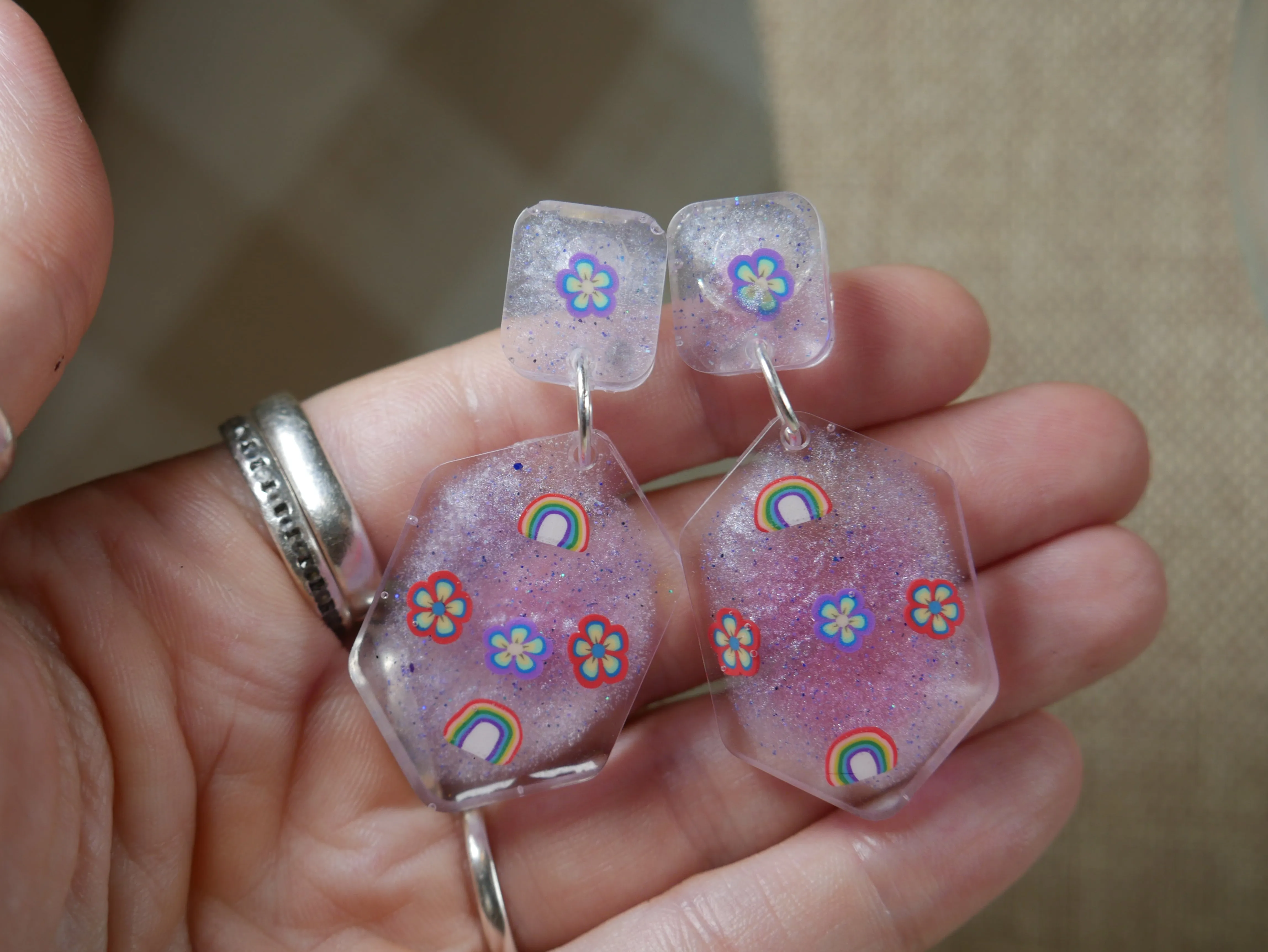Resin Rainbow and Flower Opalescent Geometric Earrings
