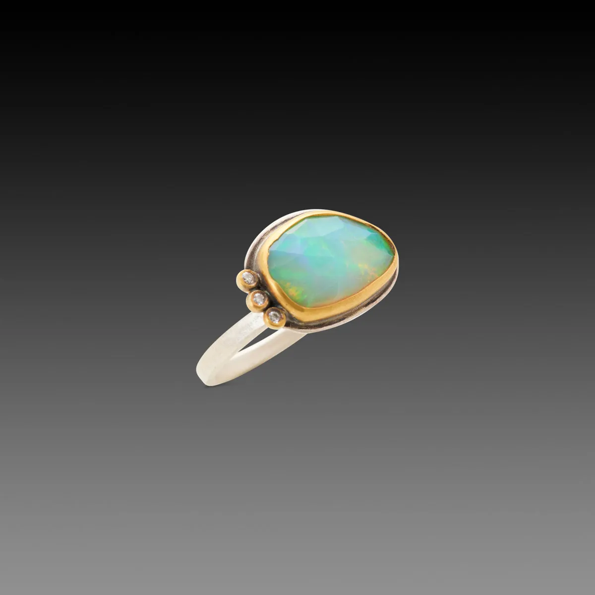 Rose Cut Ethiopian Opal Ring With Three Diamonds