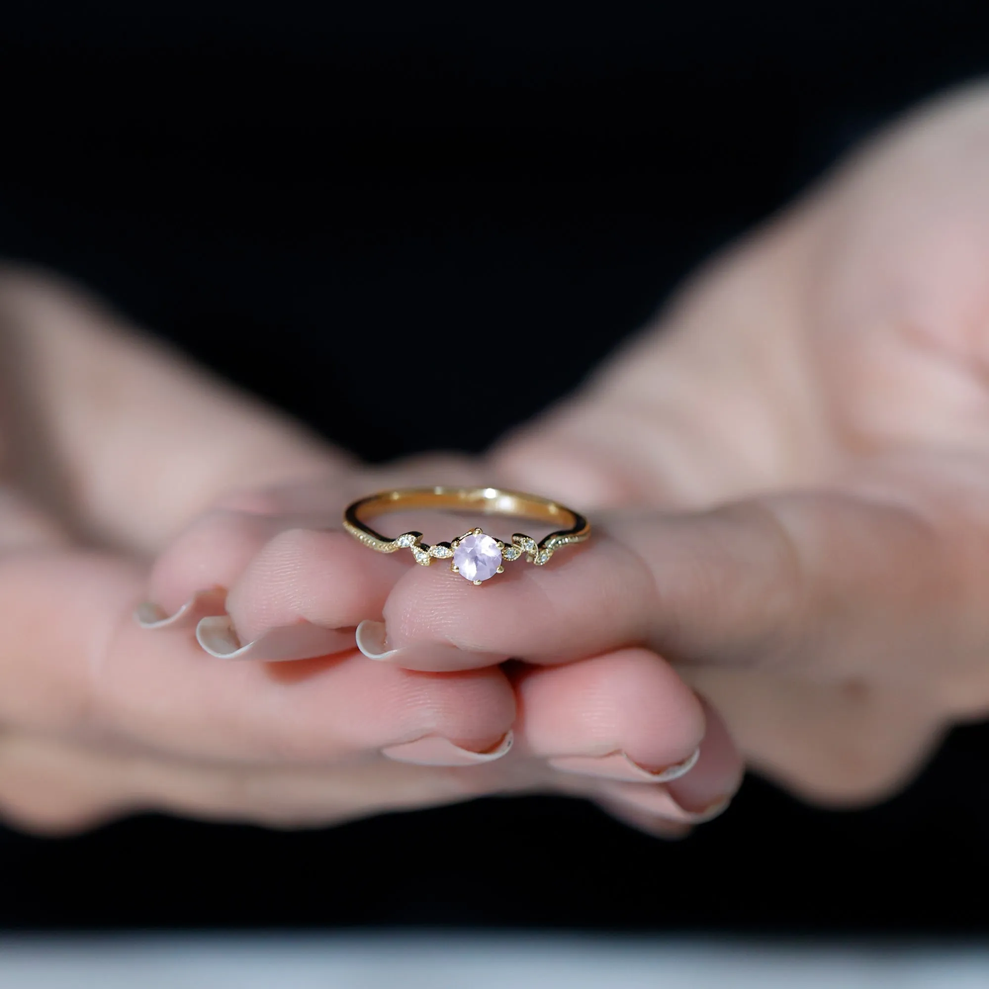 Rose Quartz and Diamond Leaf Promise Ring with Beaded Detailing