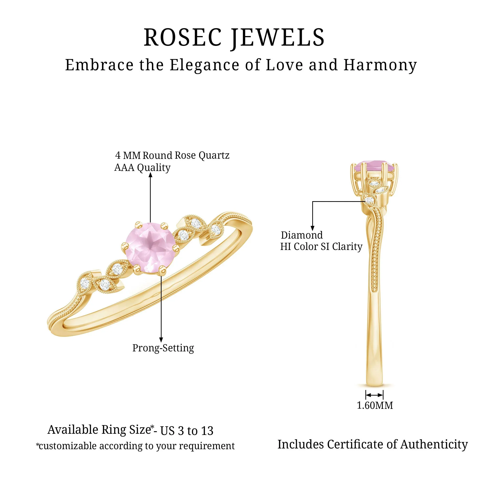 Rose Quartz and Diamond Leaf Promise Ring with Beaded Detailing