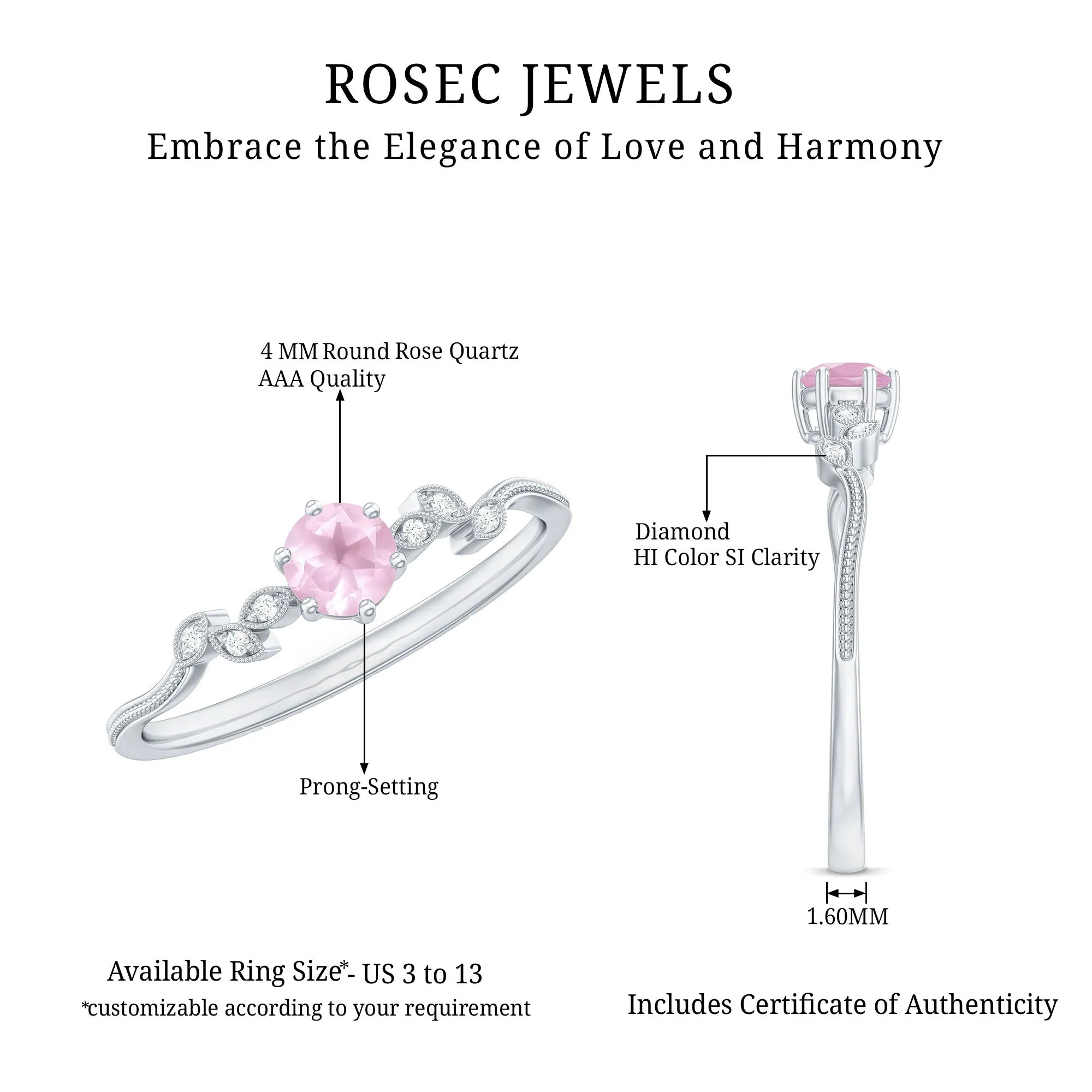 Rose Quartz and Diamond Leaf Promise Ring with Beaded Detailing