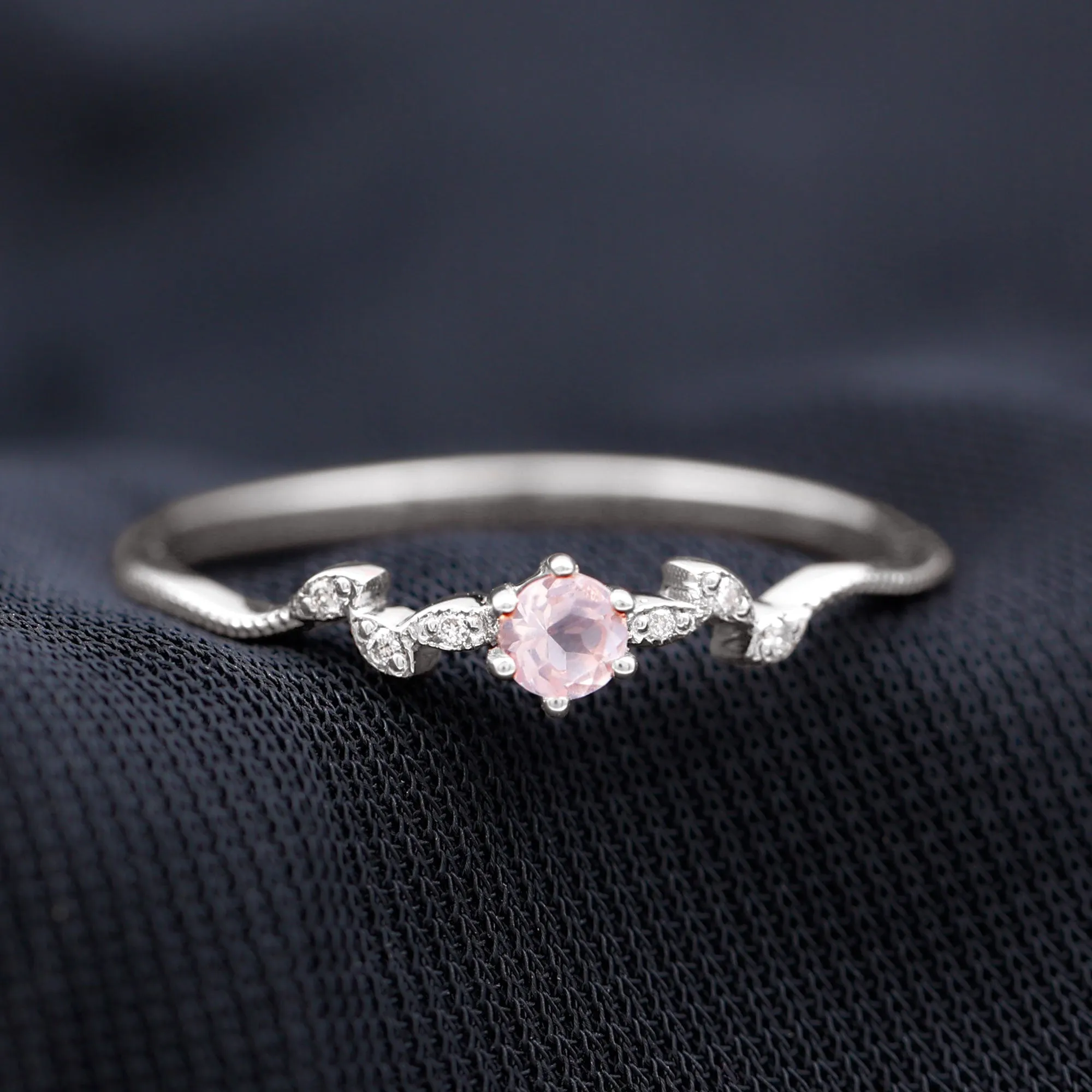 Rose Quartz and Diamond Leaf Promise Ring with Beaded Detailing