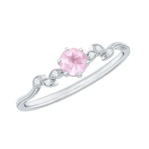 Rose Quartz and Diamond Leaf Promise Ring with Beaded Detailing