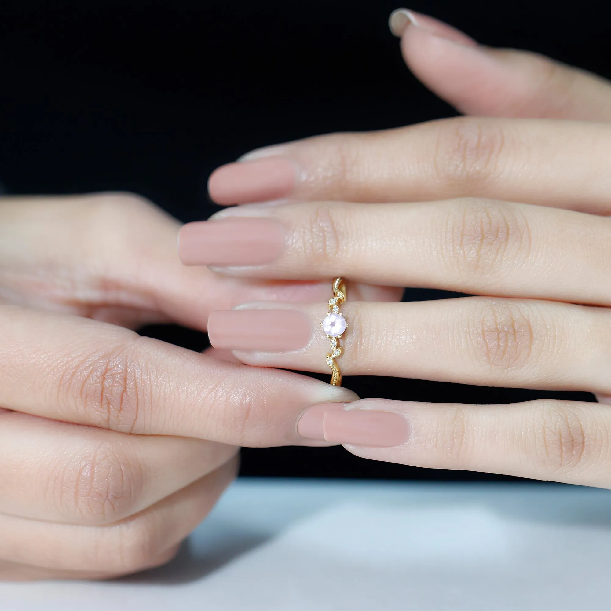 Rose Quartz and Diamond Leaf Promise Ring with Beaded Detailing
