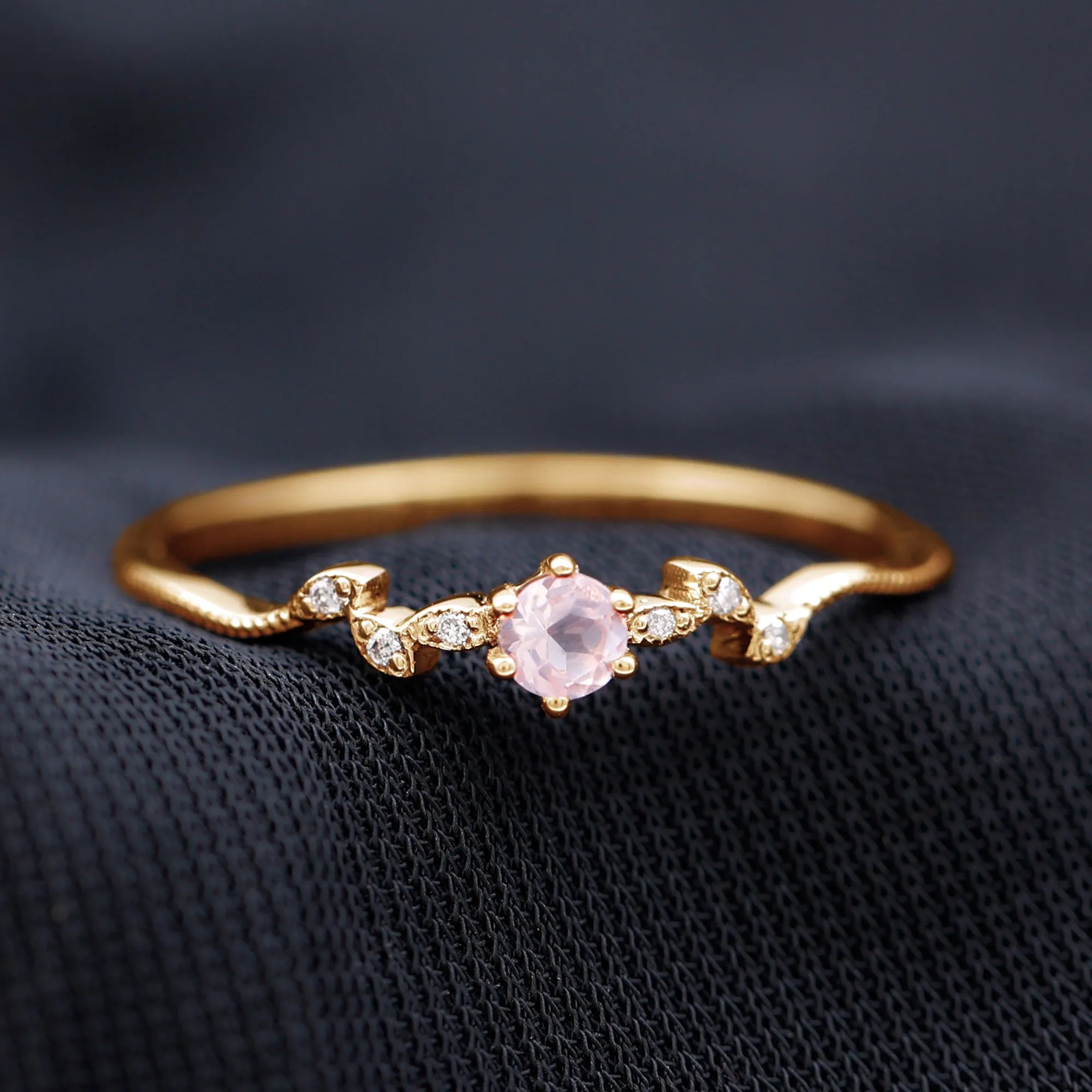 Rose Quartz and Diamond Leaf Promise Ring with Beaded Detailing