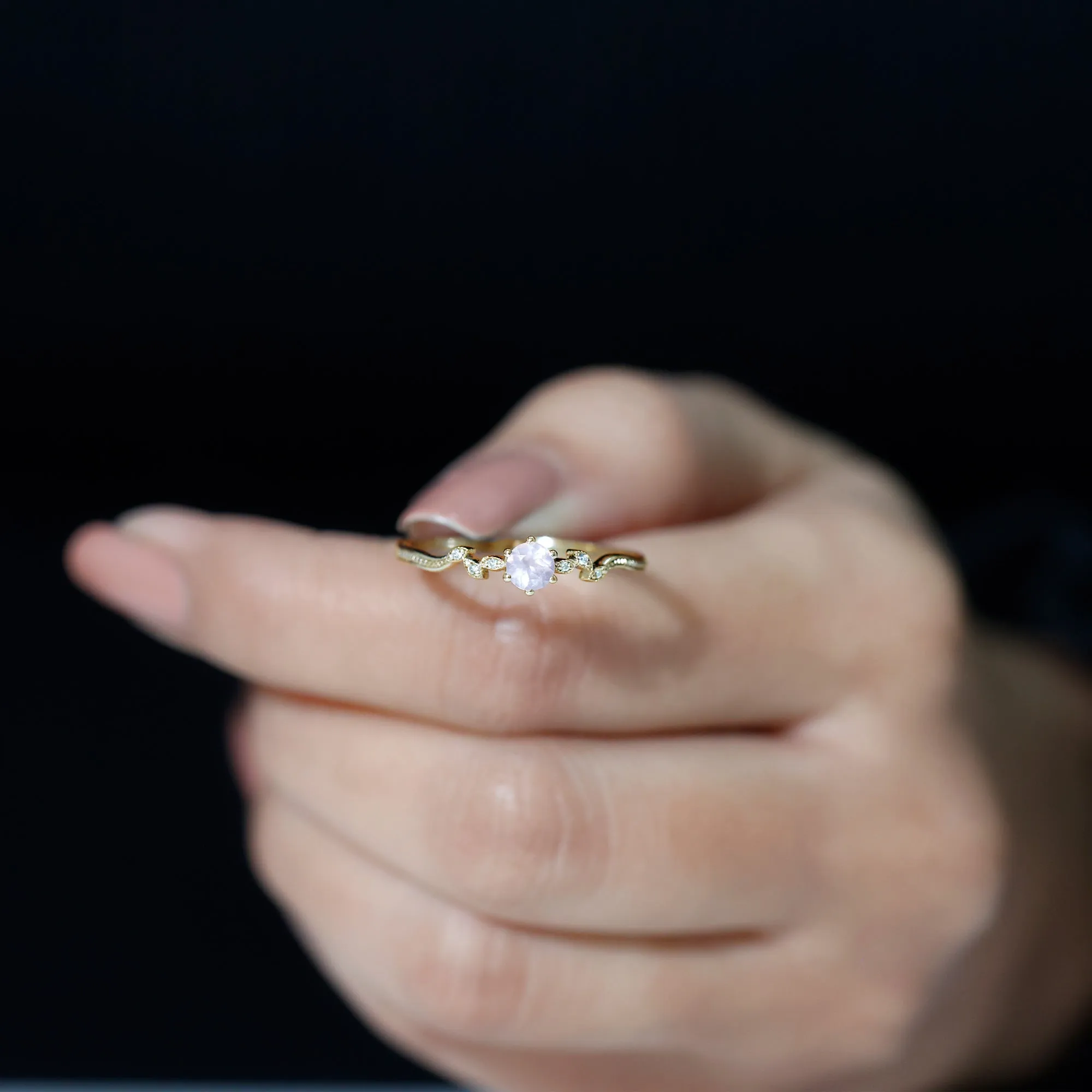 Rose Quartz and Diamond Leaf Promise Ring with Beaded Detailing