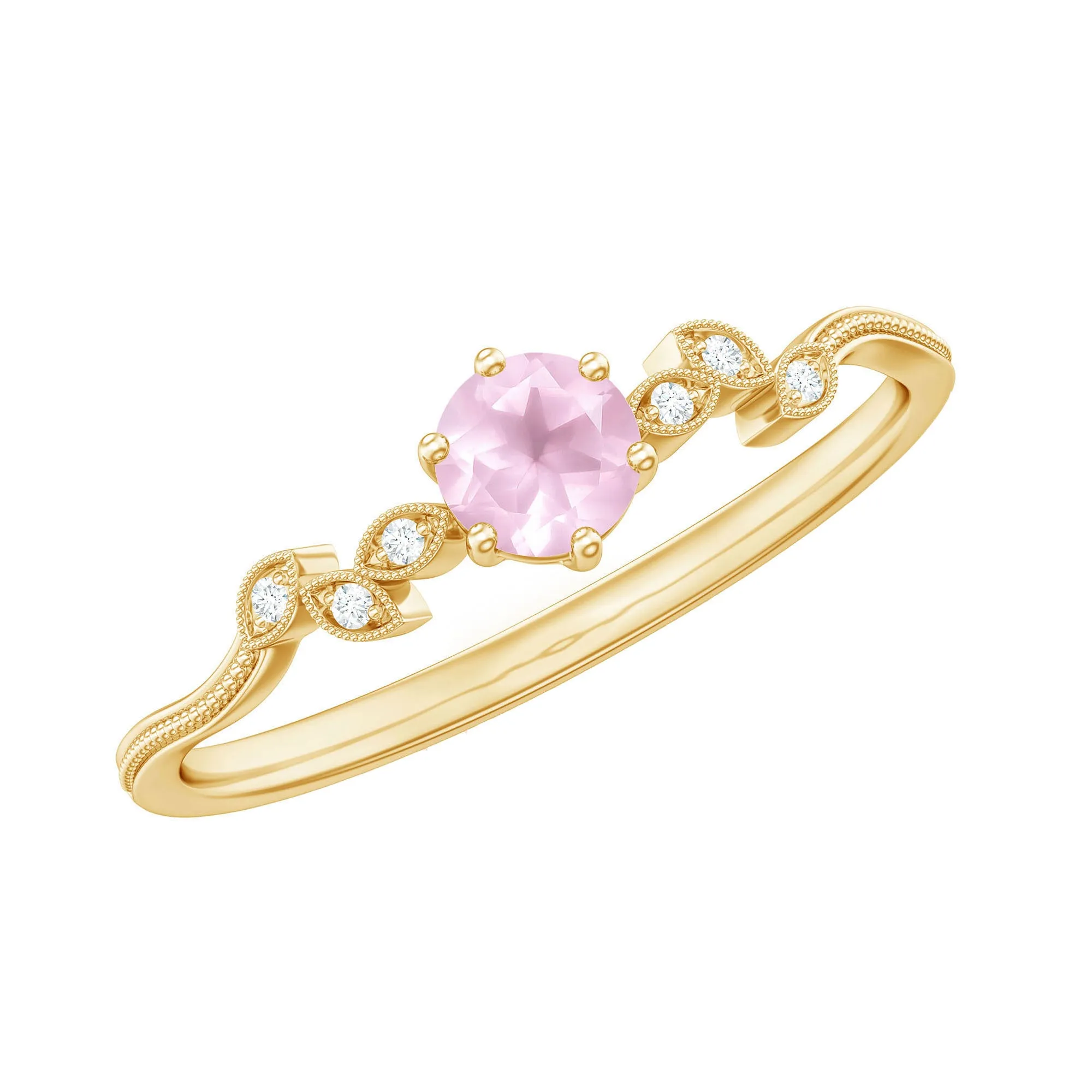 Rose Quartz and Diamond Leaf Promise Ring with Beaded Detailing