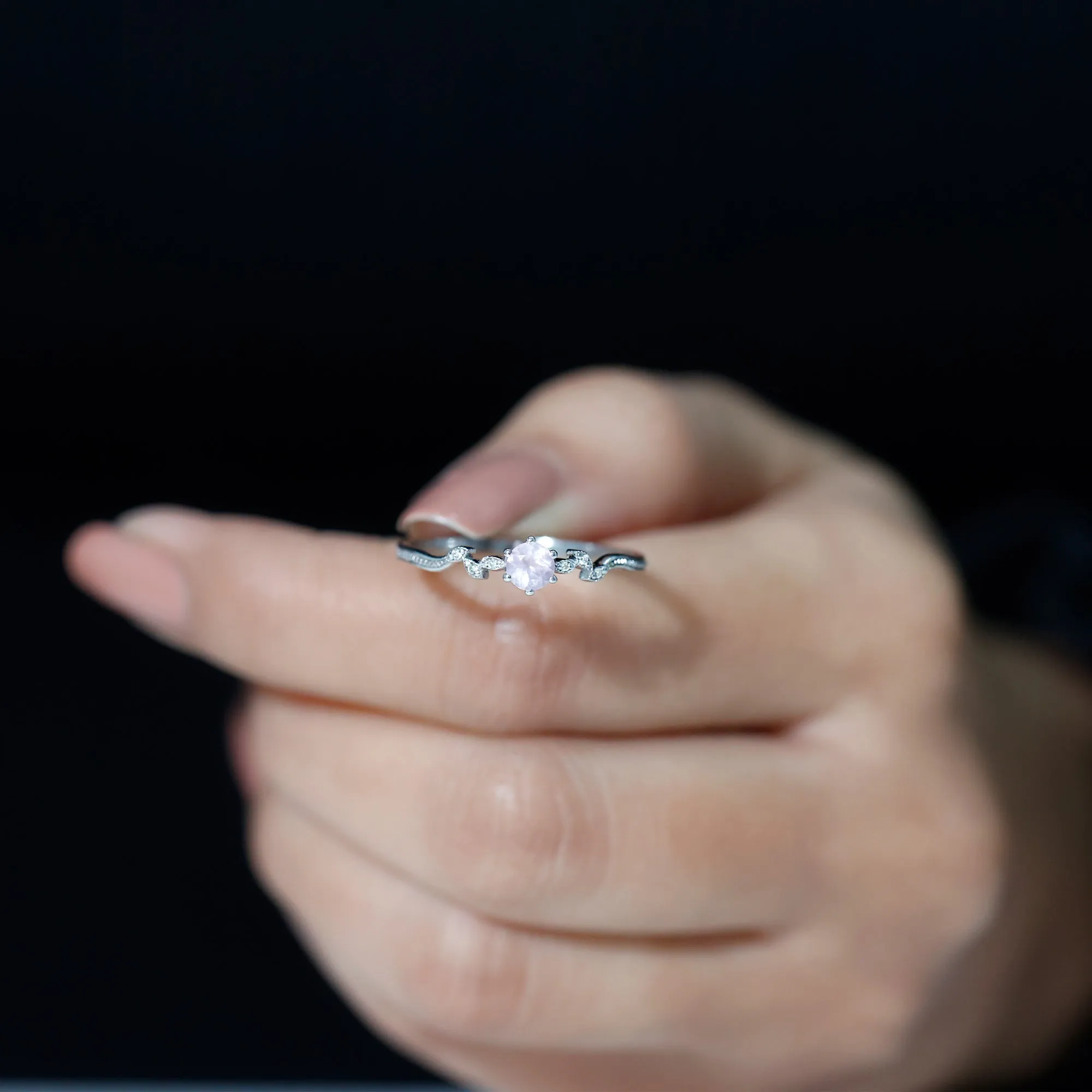 Rose Quartz and Diamond Leaf Promise Ring with Beaded Detailing