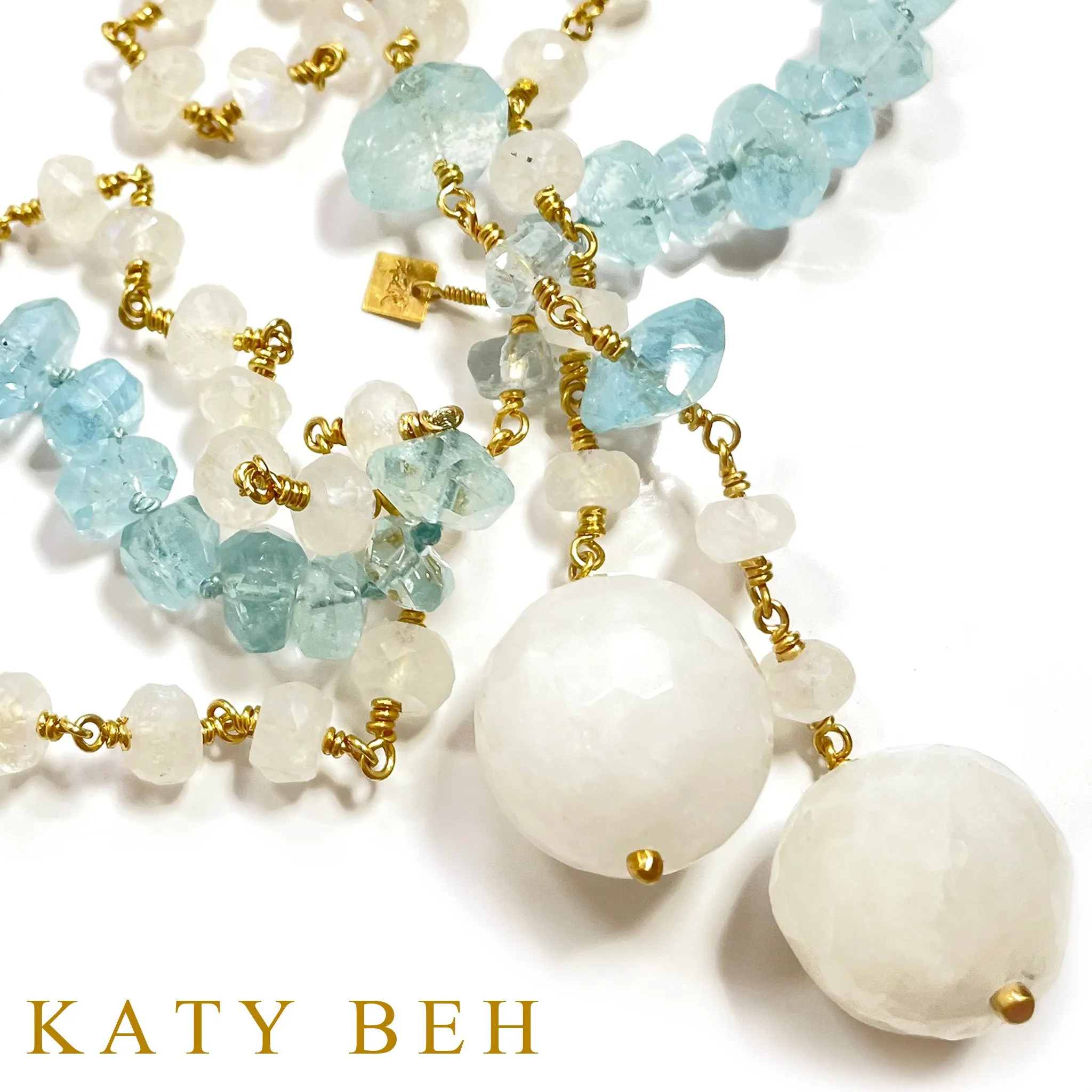 Sasi Aquamarine and Rainbow Moonstone Lariat Necklace