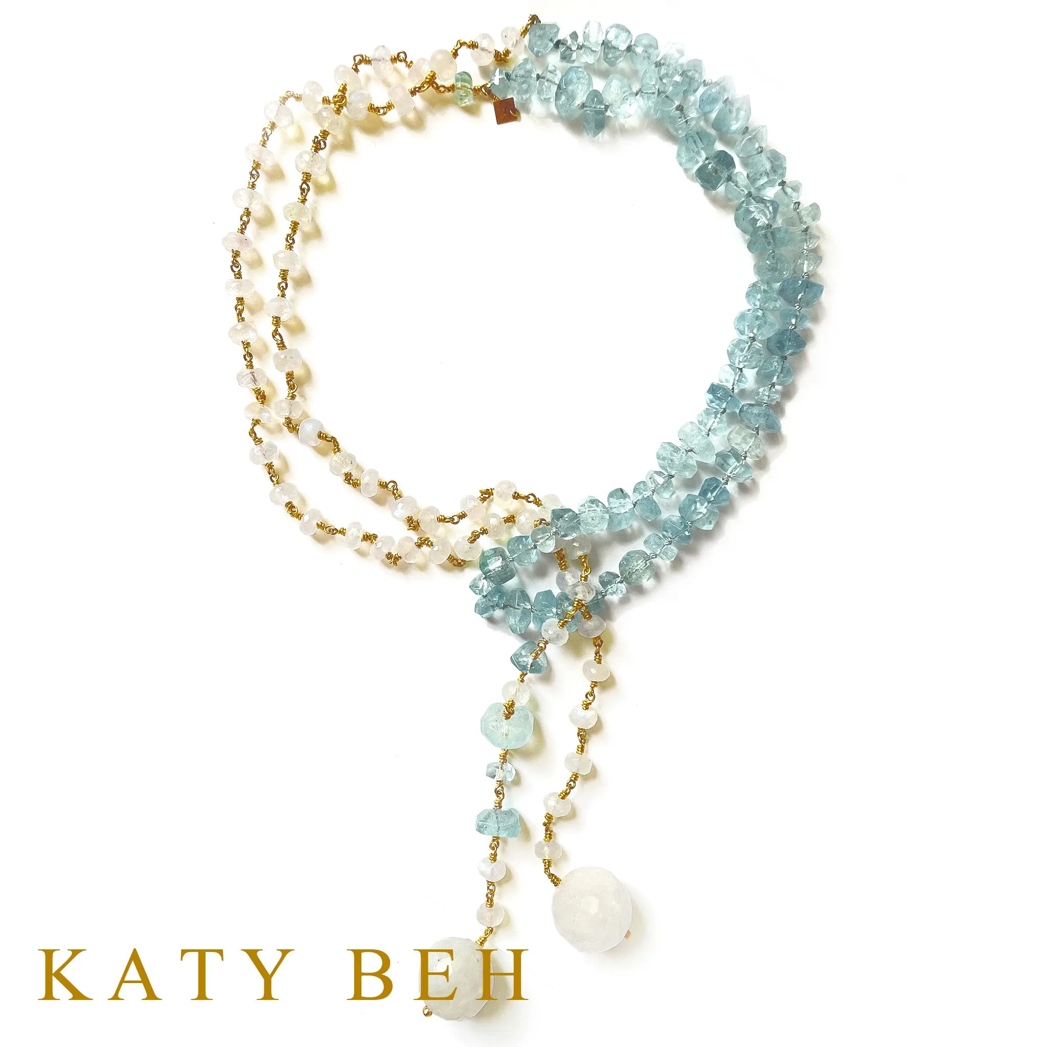 Sasi Aquamarine and Rainbow Moonstone Lariat Necklace