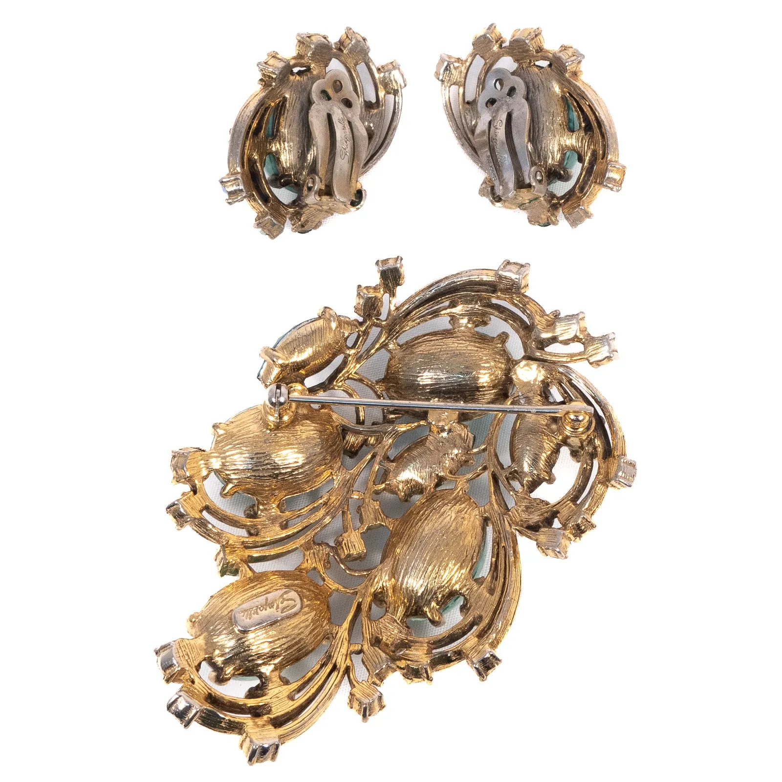 Schiaparelli Green Brooch and Earrings Set