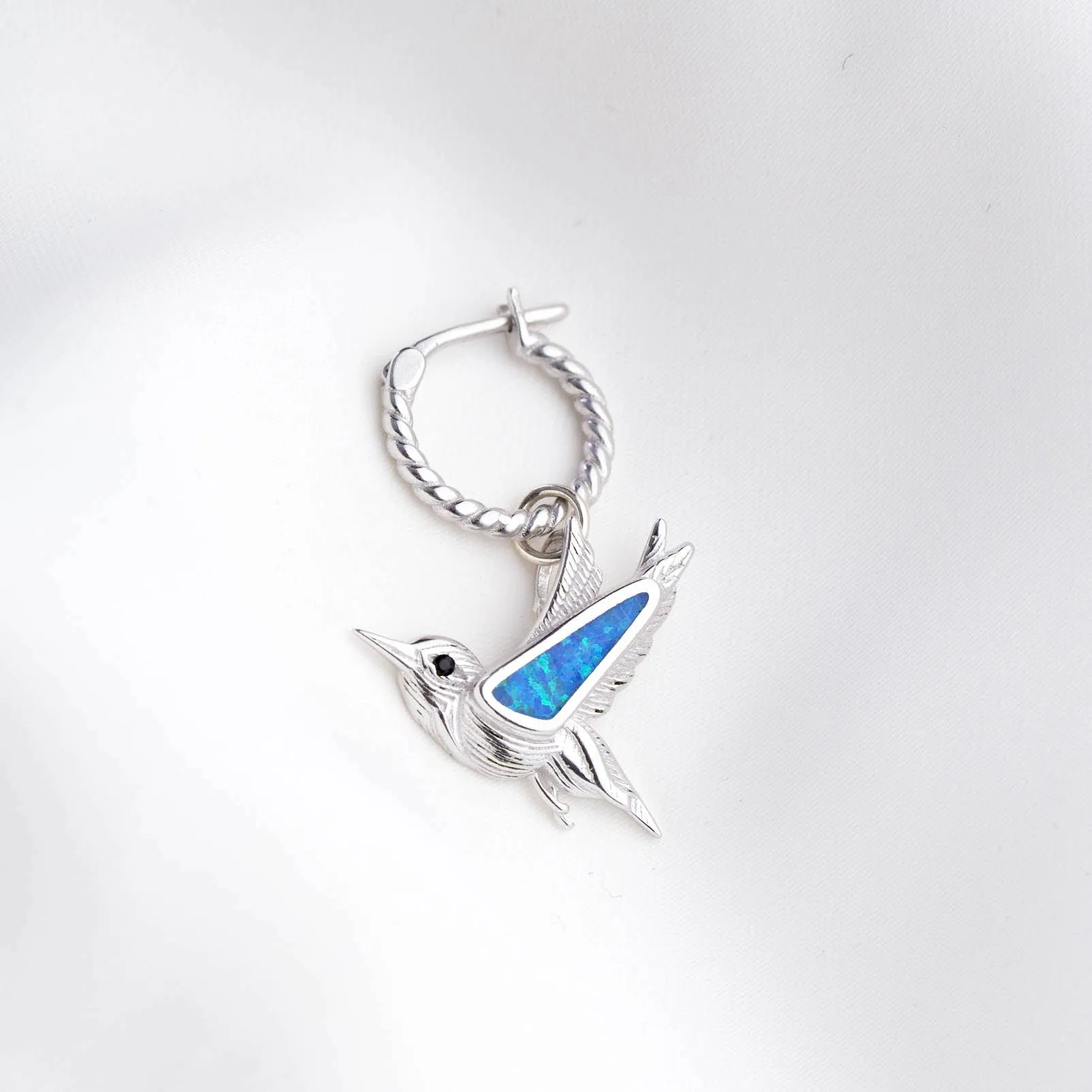 Silver Bohemian Blue Opal Hummingbird Earring