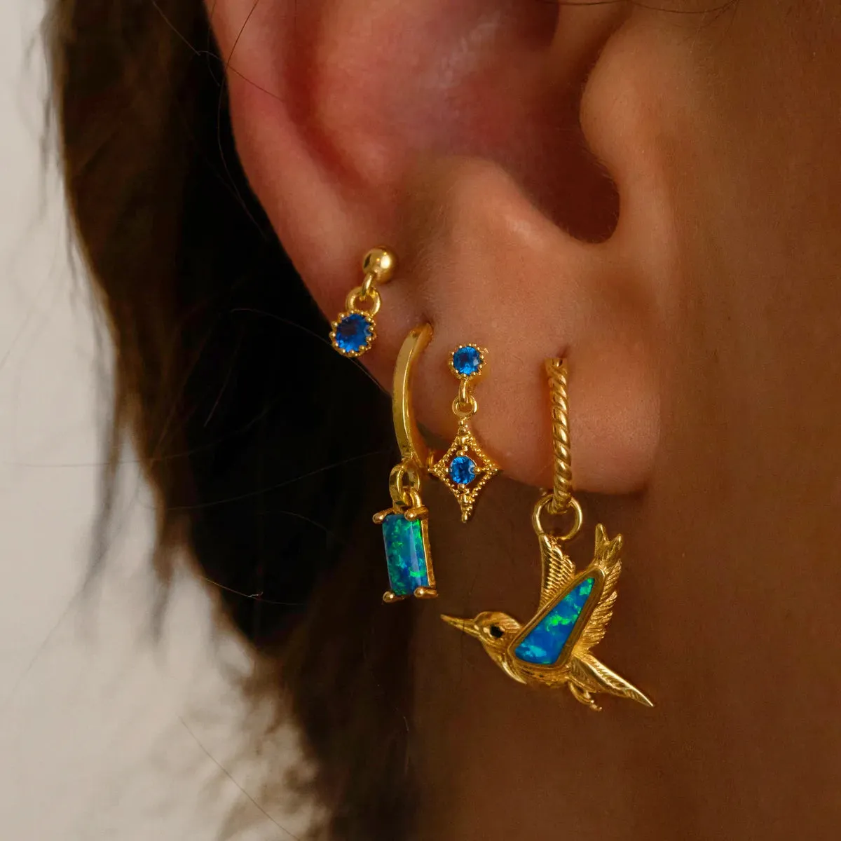 Silver Bohemian Blue Opal Hummingbird Earring