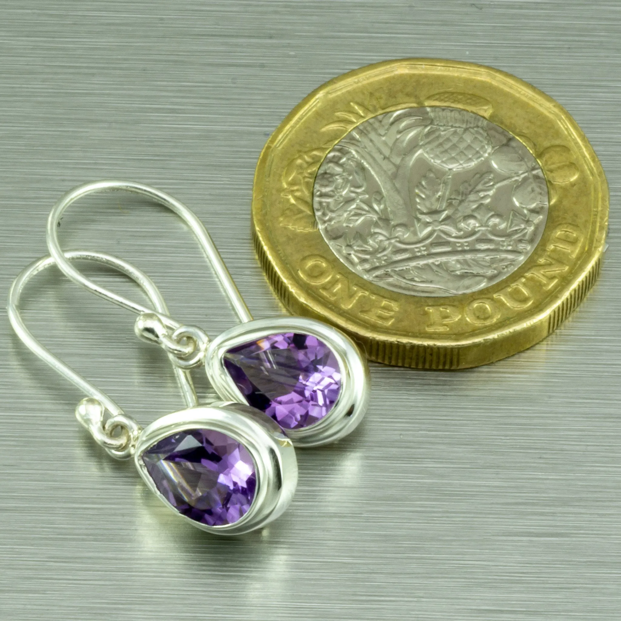Small Amethyst Teardrop Earrings. 92.5% Sterling silver