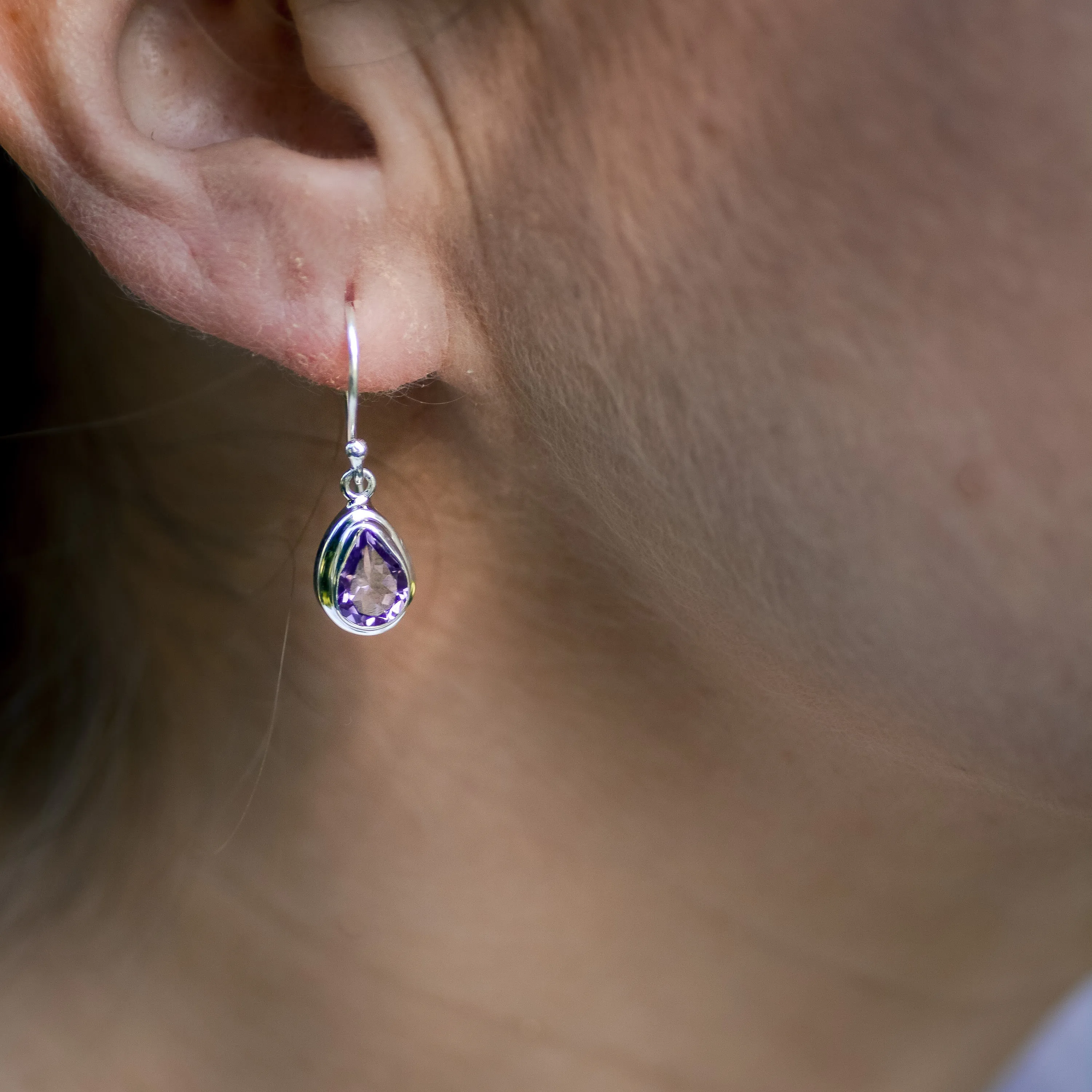 Small Amethyst Teardrop Earrings. 92.5% Sterling silver