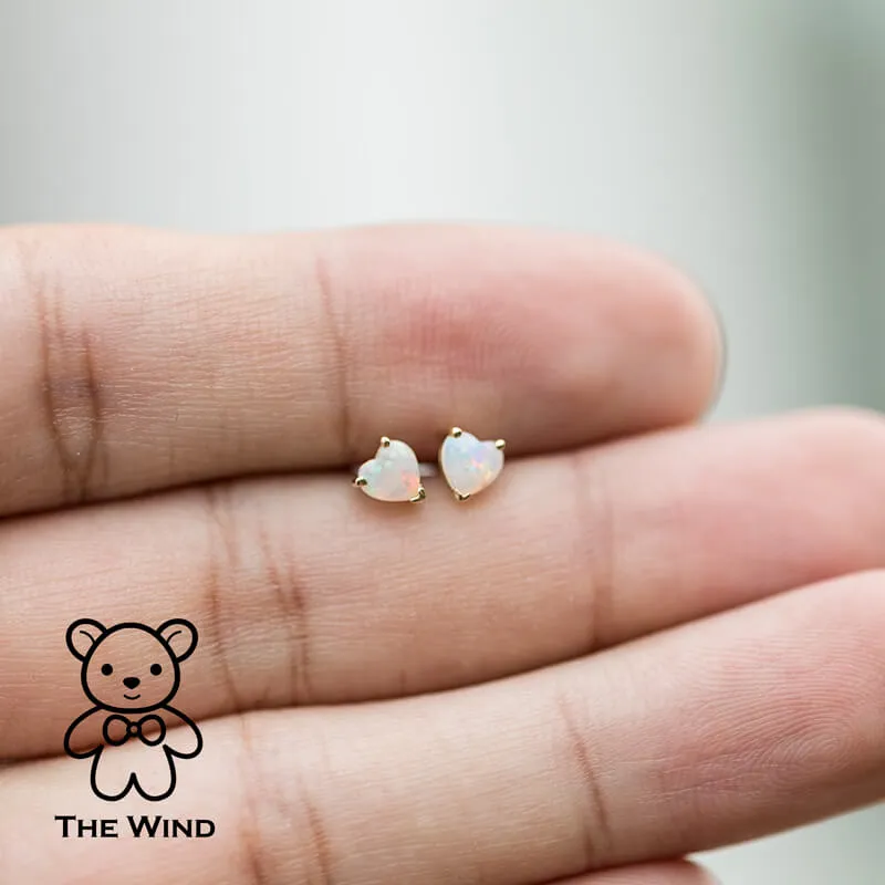 Small Heart Shaped Australian Solid Opal Stud Earrings 14K Yellow Gold