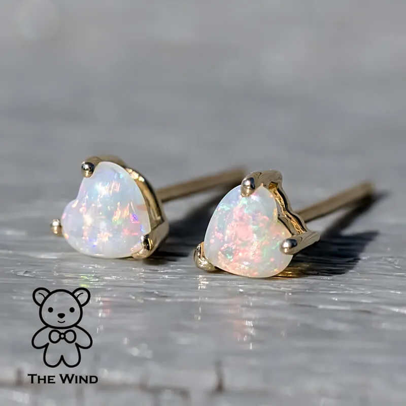 Small Heart Shaped Australian Solid Opal Stud Earrings 14K Yellow Gold