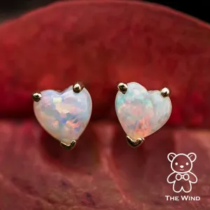 Small Heart Shaped Australian Solid Opal Stud Earrings 14K Yellow Gold