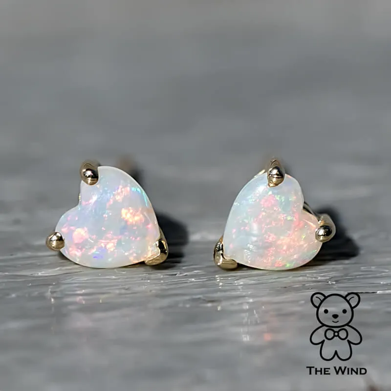 Small Heart Shaped Australian Solid Opal Stud Earrings 14K Yellow Gold