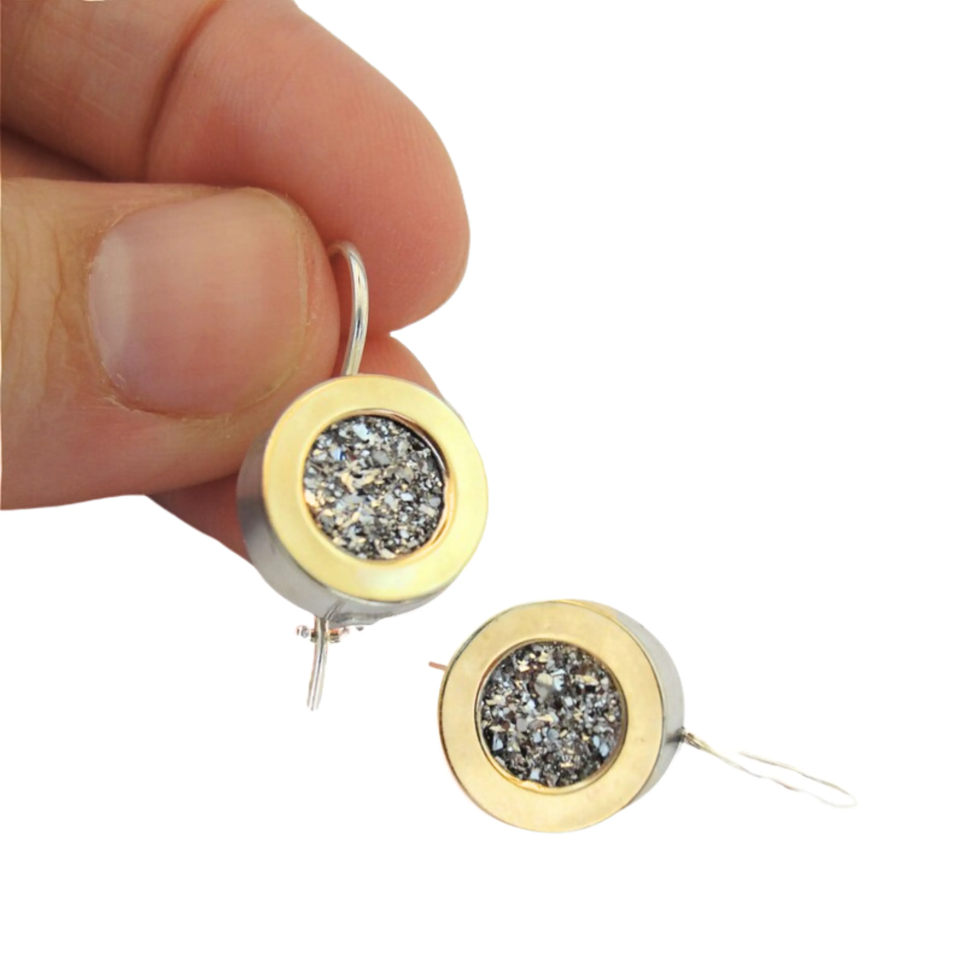 Small sterling silver dangle earrings, decorated with yellow gold and druzy gemstone.