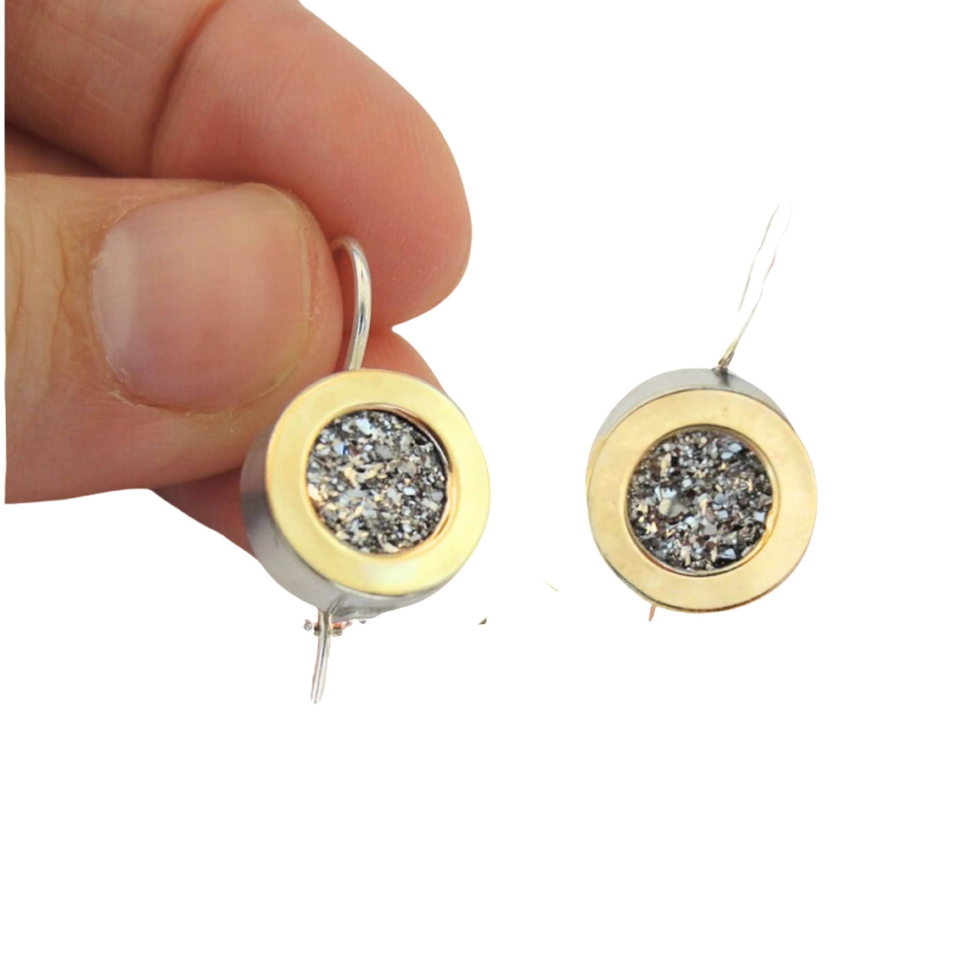 Small sterling silver dangle earrings, decorated with yellow gold and druzy gemstone.