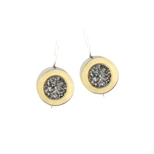 Small sterling silver dangle earrings, decorated with yellow gold and druzy gemstone.