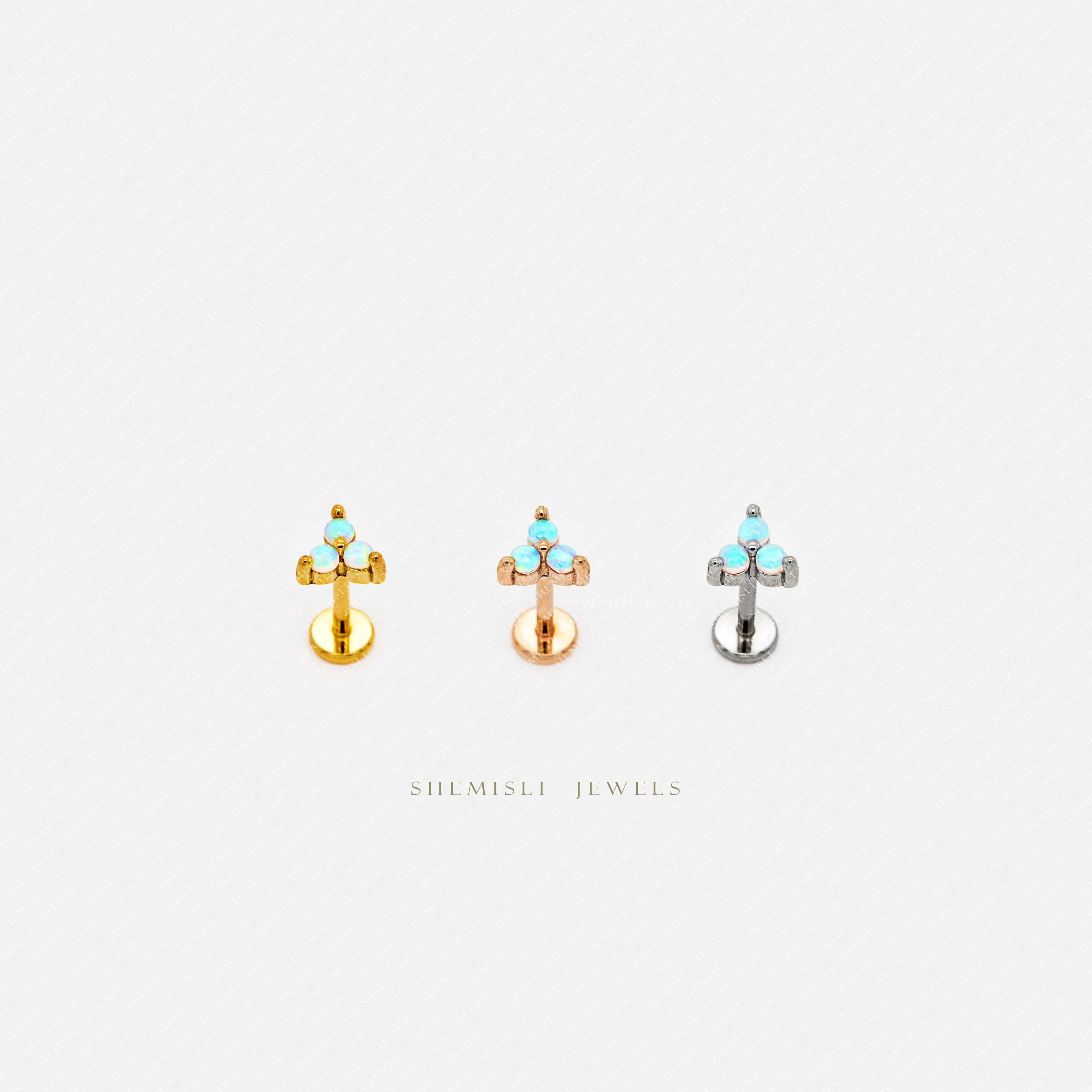 Tiny 3-Petal Opal Flower Threadless Flat Back Lip Labret Stud, 18,16ga, 6-10mm, Unisex, Surgical Steel, SHEMISLI SS546