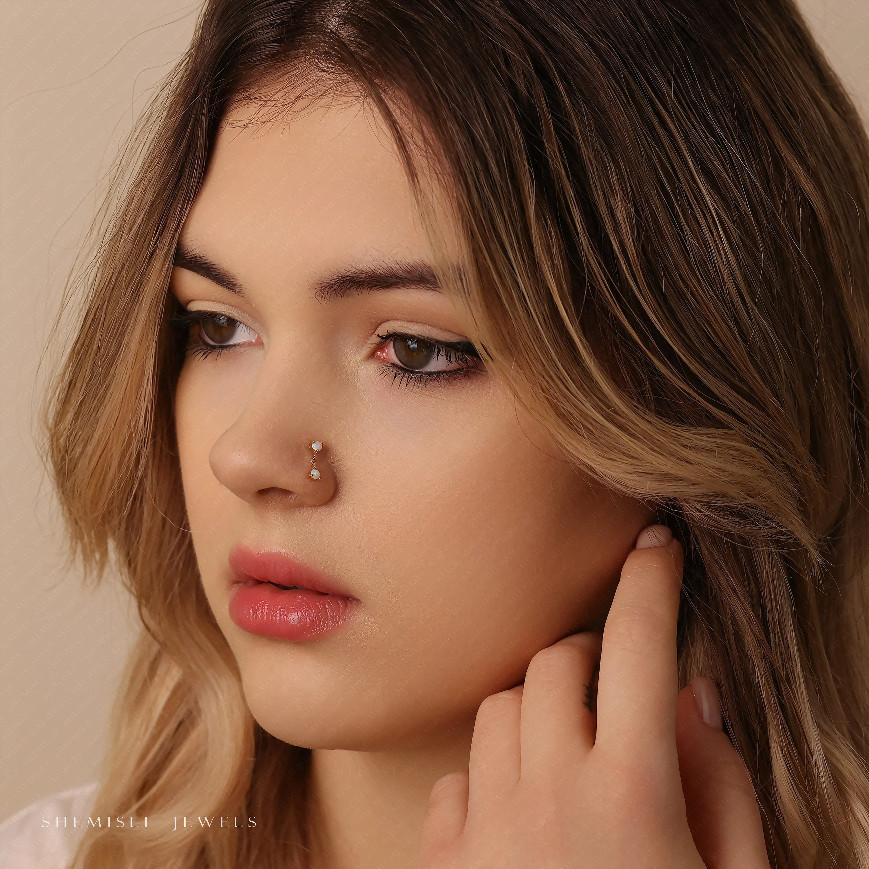 Tiny Dangle 2 Opal Stones Threadless Flat Back Nose Stud, 20,18,16ga, 5-10mm Unisex, Surgical Steel SHEMISLI SS893