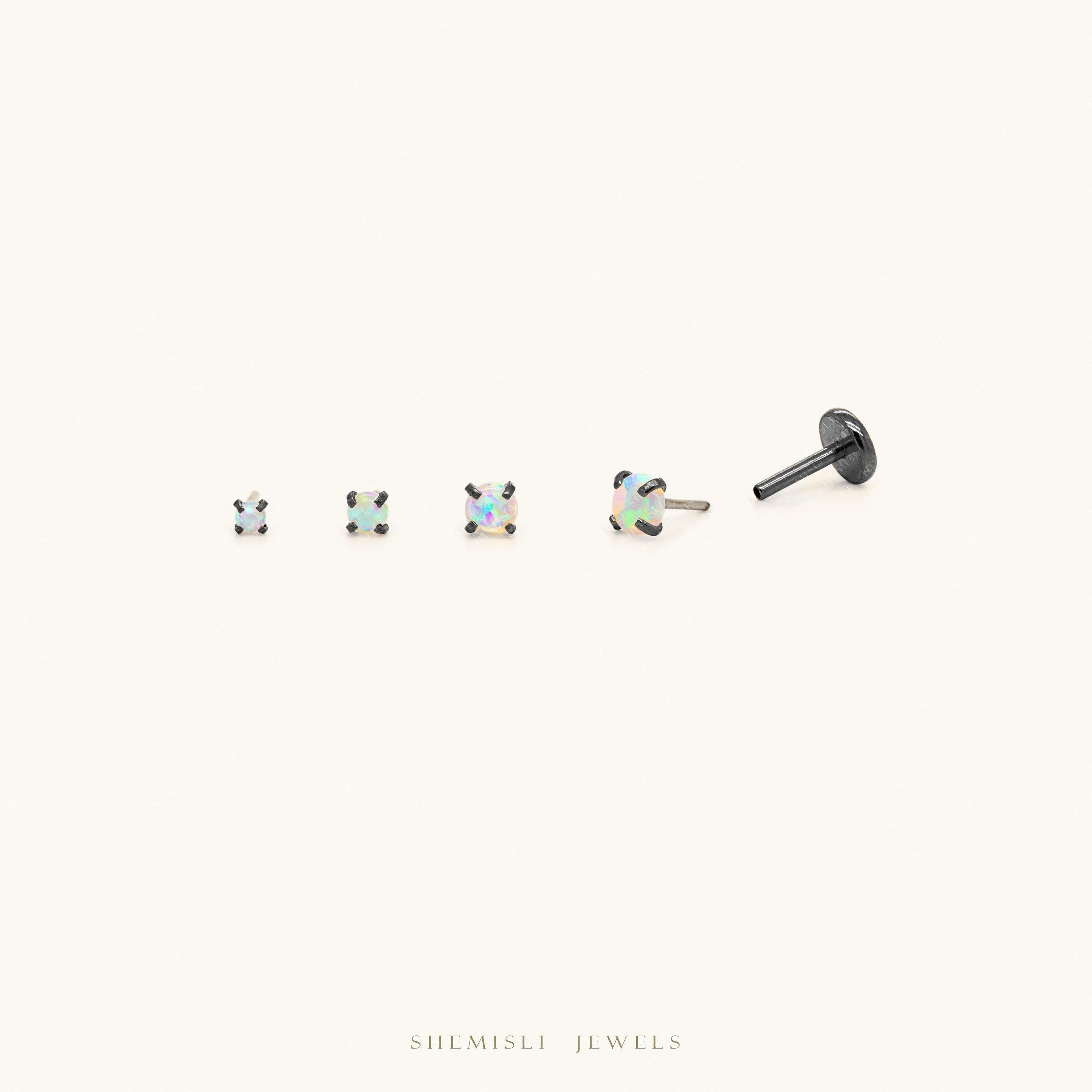 Tiny Opal Black Threadless Flat Back Earrings, Nose Stud, October Birthstone, 20,18,16ga, 5-10mm Surgical Steel SS523 SS524 SS525 SS526