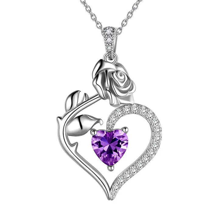 Tokyo Mart Women Birthstone Necklace Rose Flower Heart Pendant Necklace Fine Jewelry Anniversary Birthday Christmas Gifts for Girls