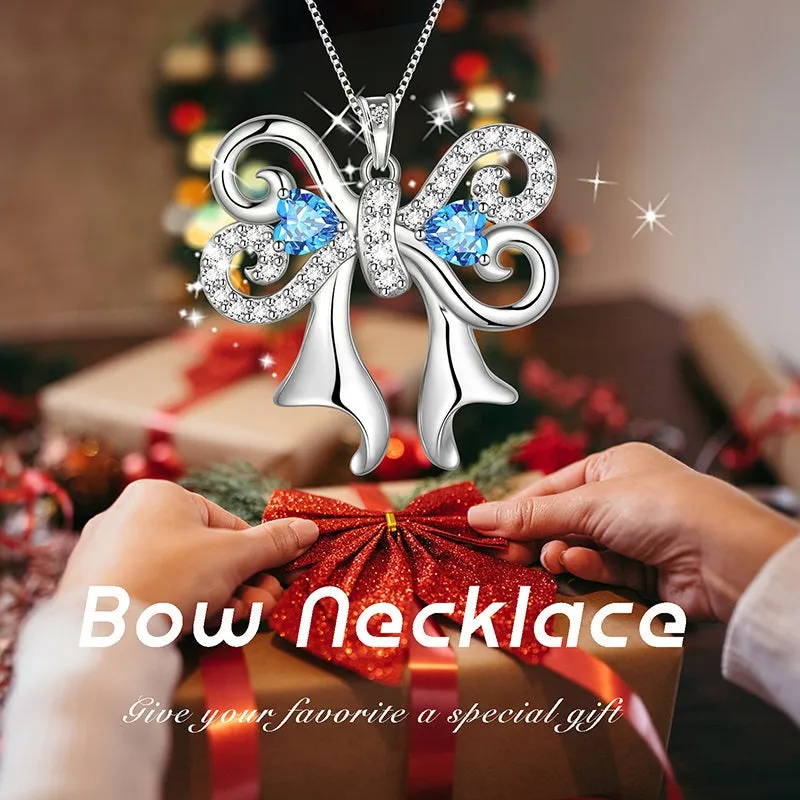 Tokyo Mart Women Bow Ribbon Necklace March Birthstone Pendant Blue Crystal Girls Jewelry Birthday Gifts 925 Sterling Silver