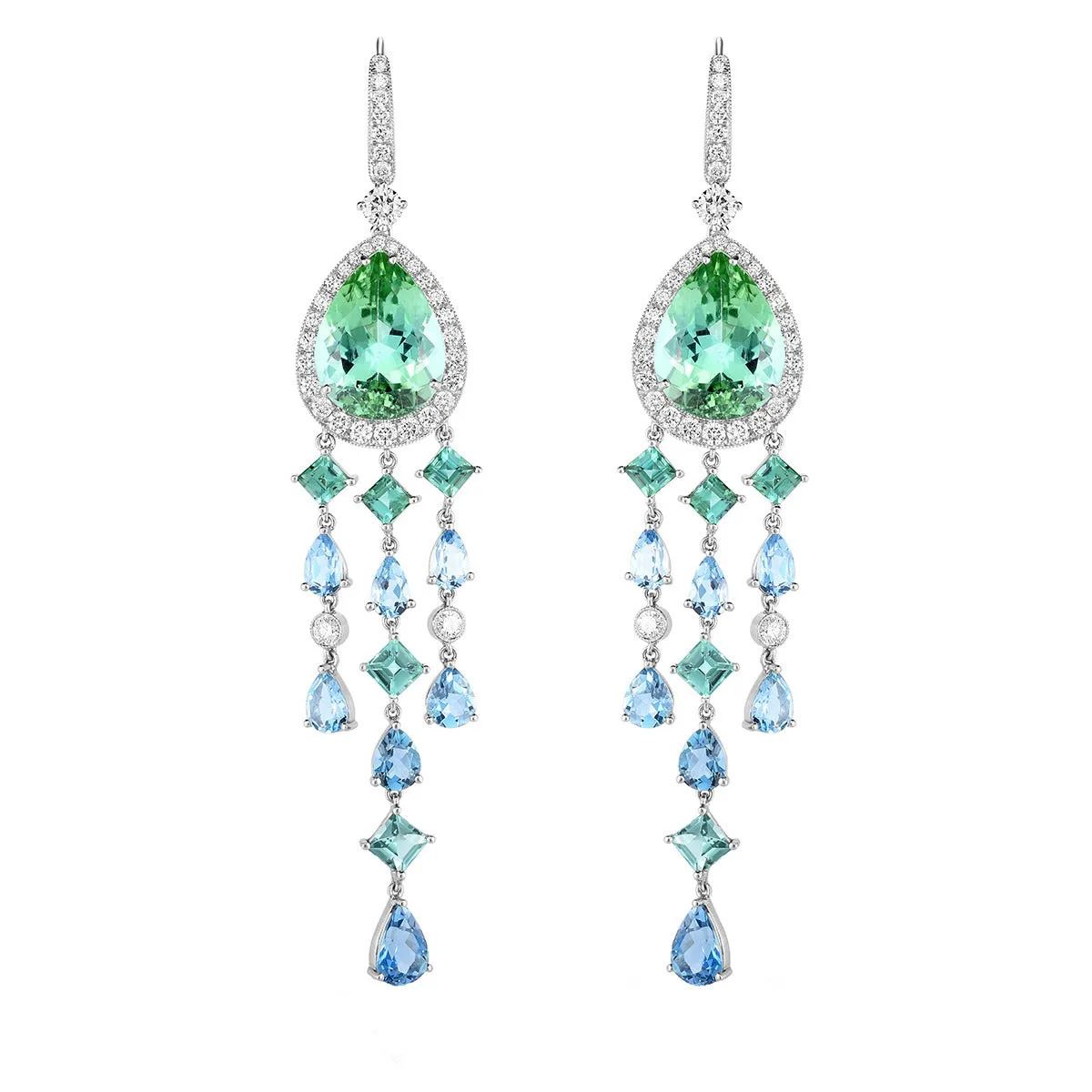 Tourmaline, Aquamarine and Diamond Drop Earrings