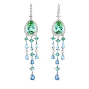 Tourmaline, Aquamarine and Diamond Drop Earrings