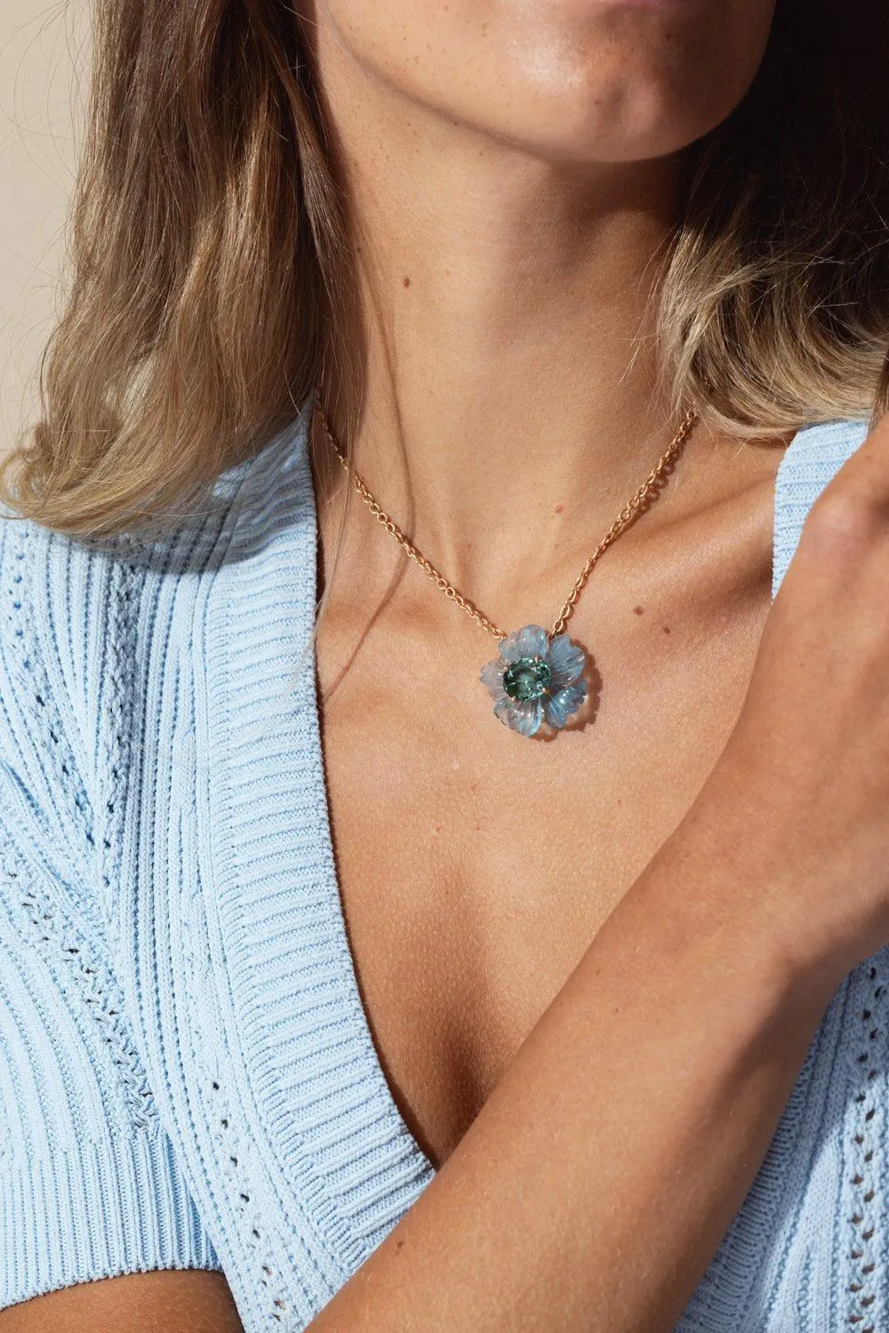 Tropical Flower Aquamarine Indicolite Necklace