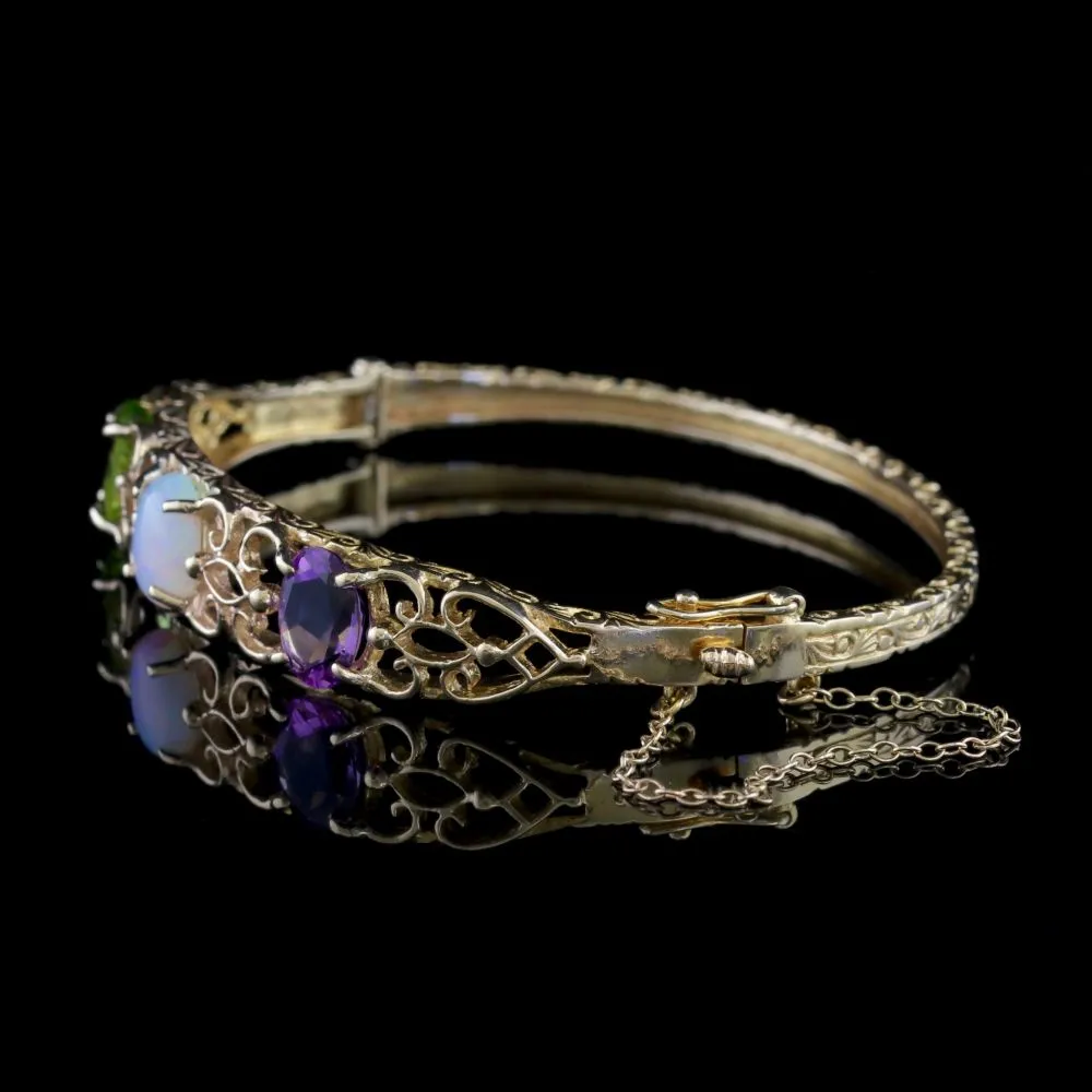 Victorian Style Amethyst Peridot Opal Bangle 9ct Gold