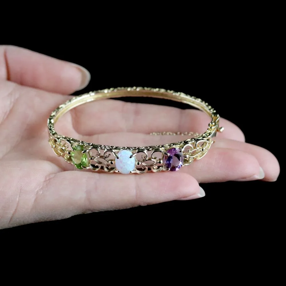 Victorian Style Amethyst Peridot Opal Bangle 9ct Gold
