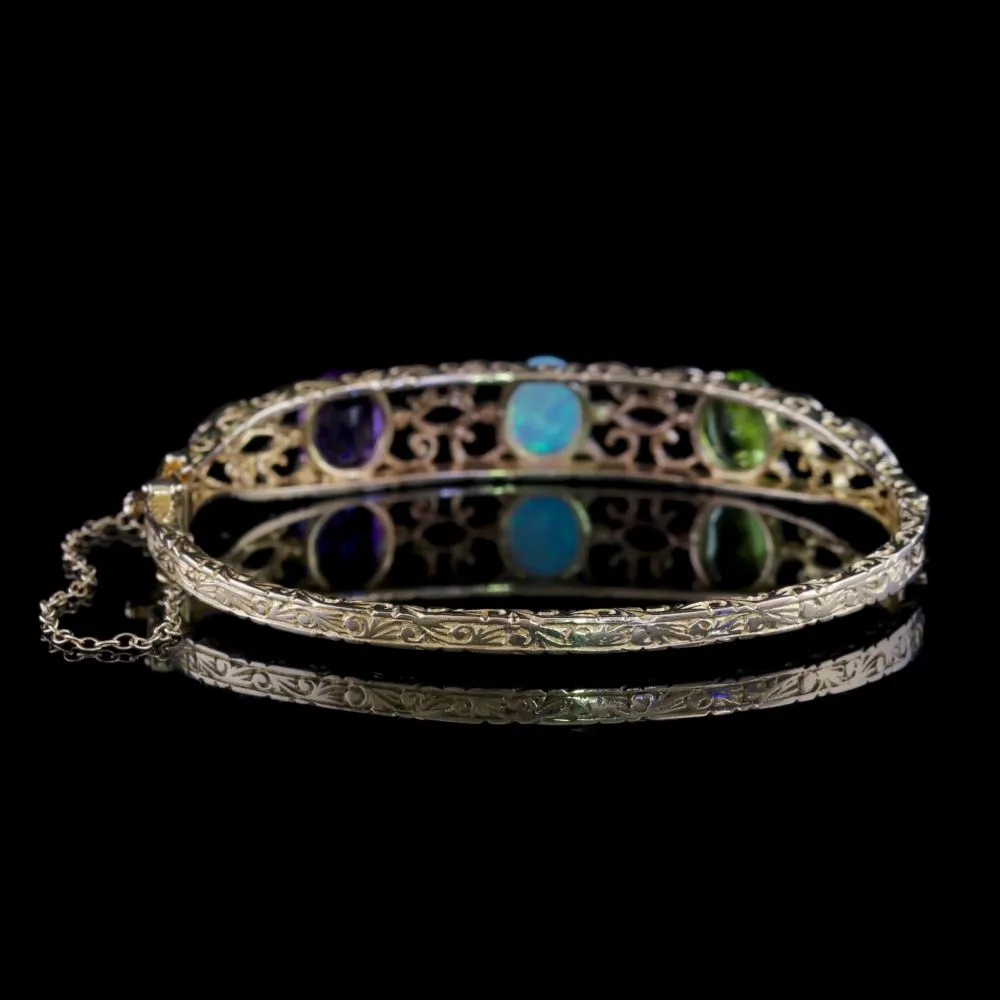 Victorian Style Amethyst Peridot Opal Bangle 9ct Gold