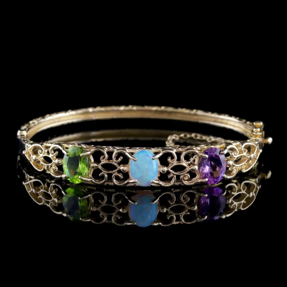 Victorian Style Amethyst Peridot Opal Bangle 9ct Gold