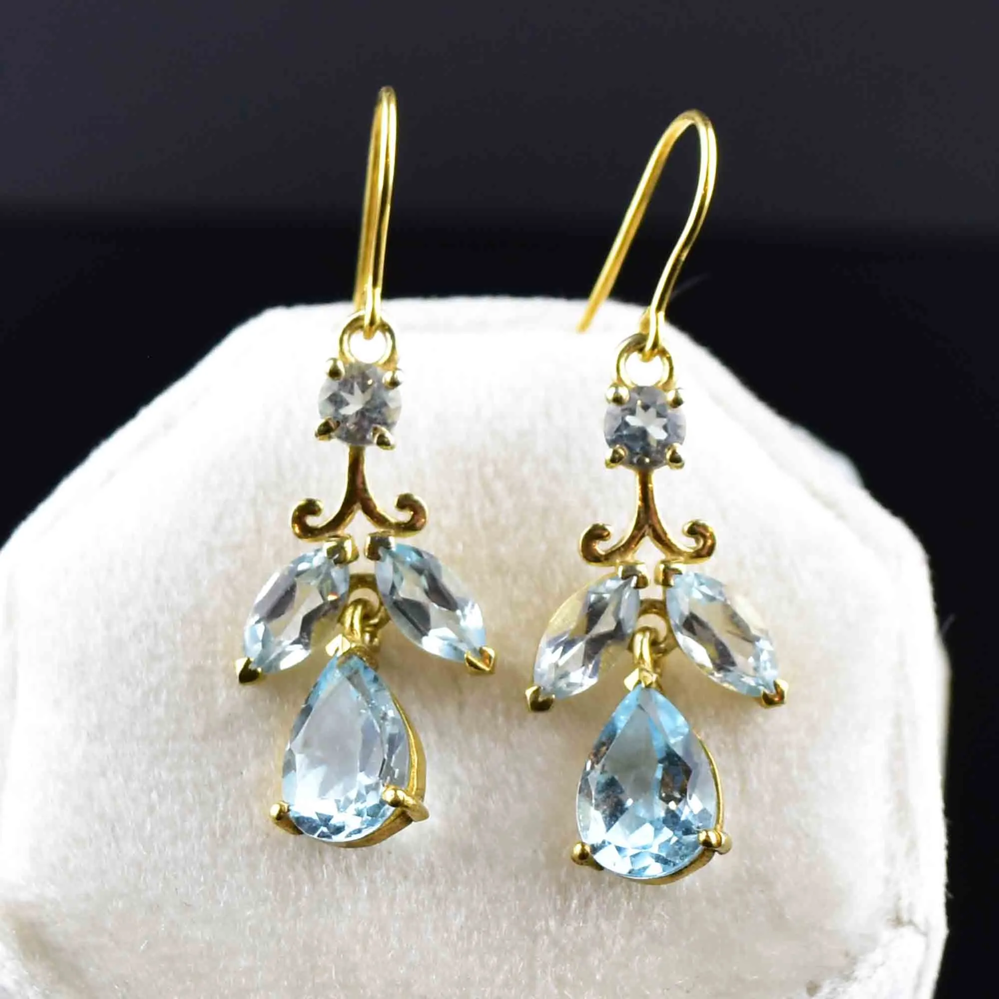 Vintage Gold Blue Topaz Leaf Earrings