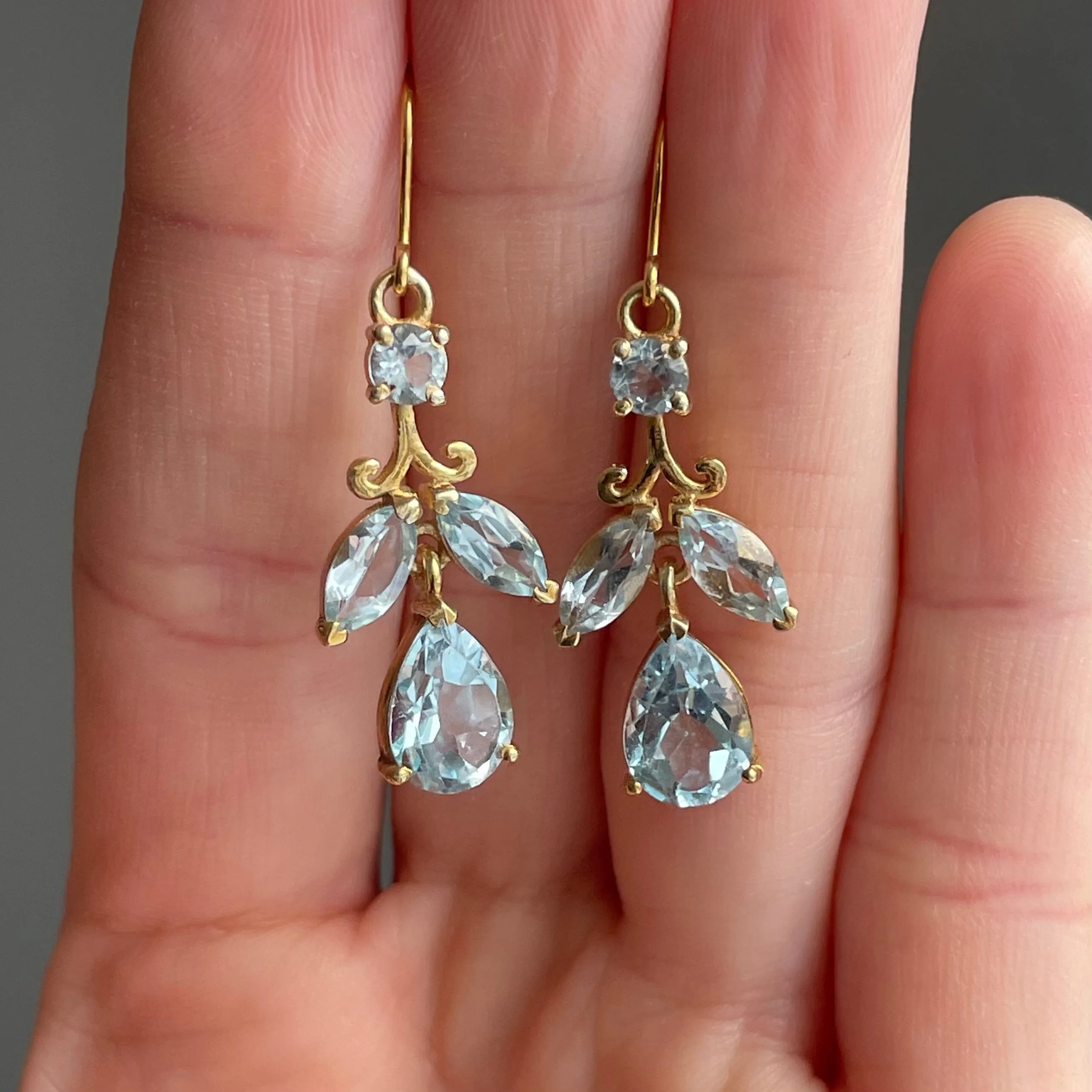 Vintage Gold Blue Topaz Leaf Earrings