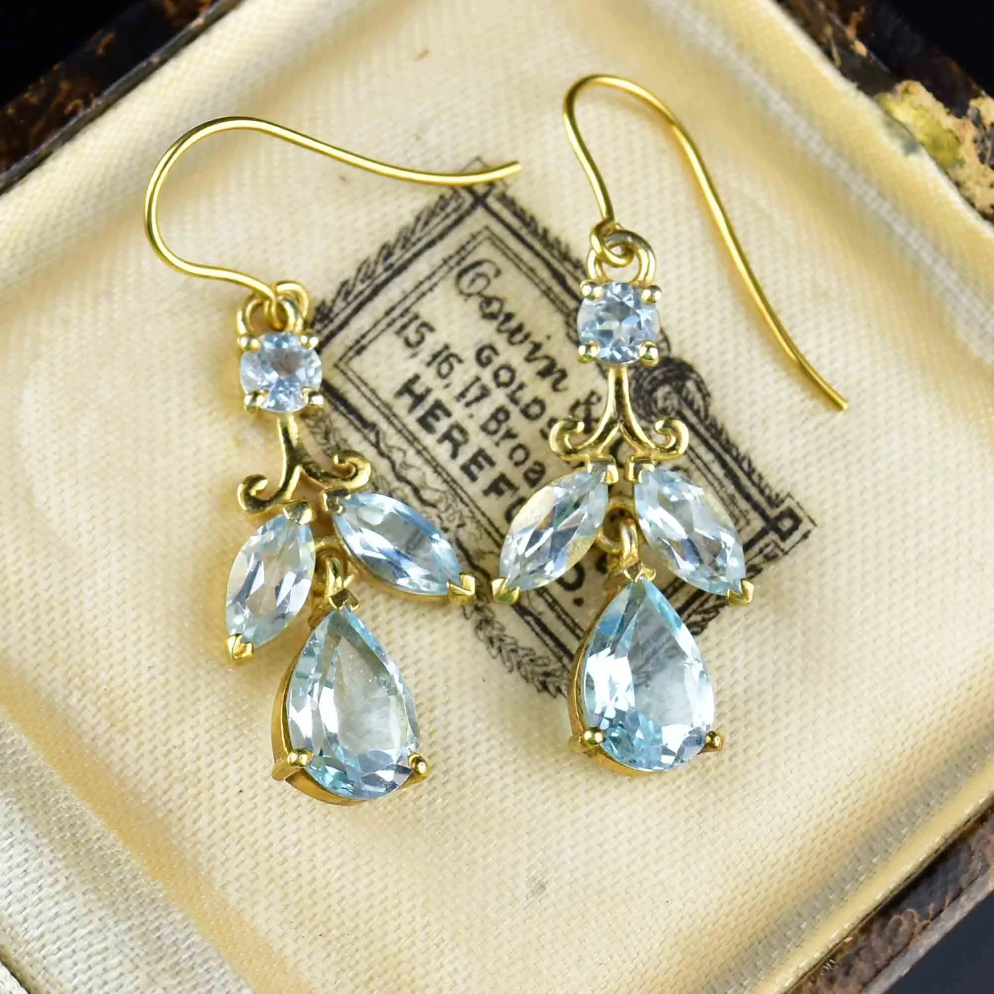 Vintage Gold Blue Topaz Leaf Earrings
