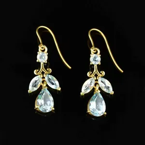 Vintage Gold Blue Topaz Leaf Earrings