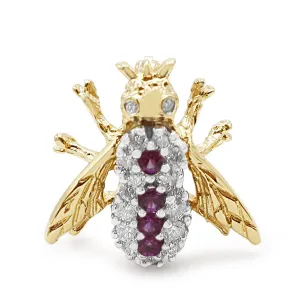Vintage Retro 14K Yellow Gold Diamond & Pink Sapphire Bee Pin Brooch