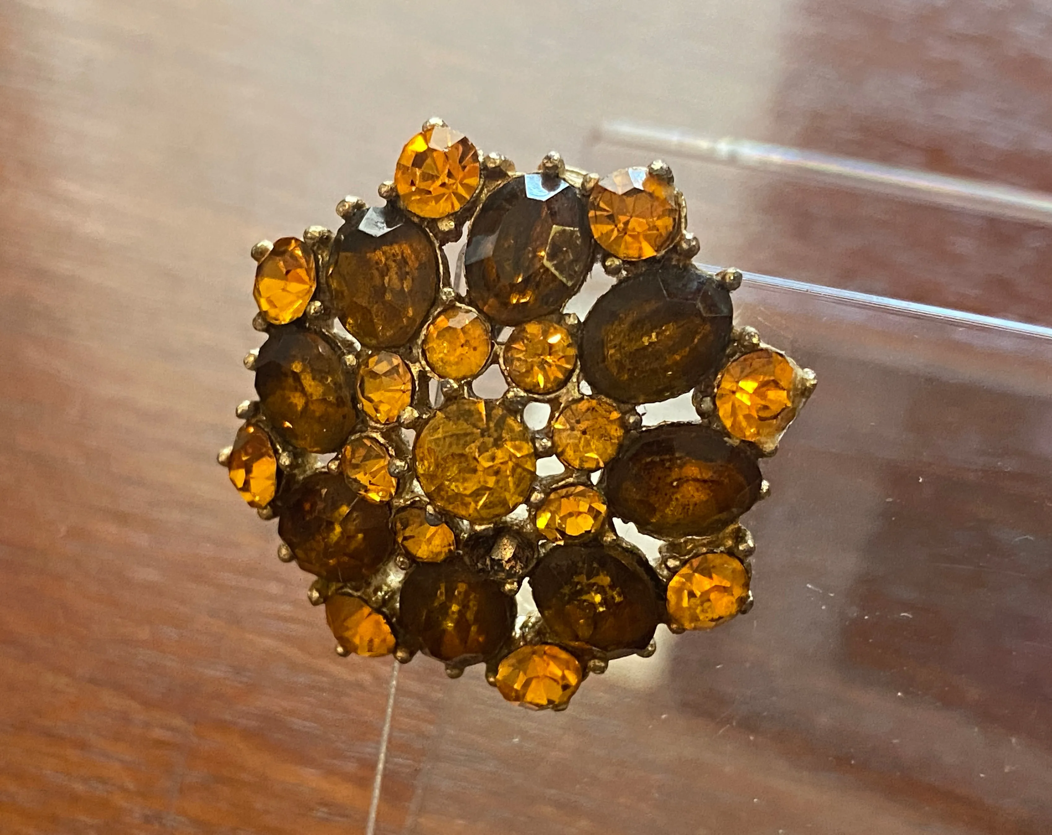 Vintage Silver Tone Amber Orange Tone Rhinestone Domed Brooch Pin