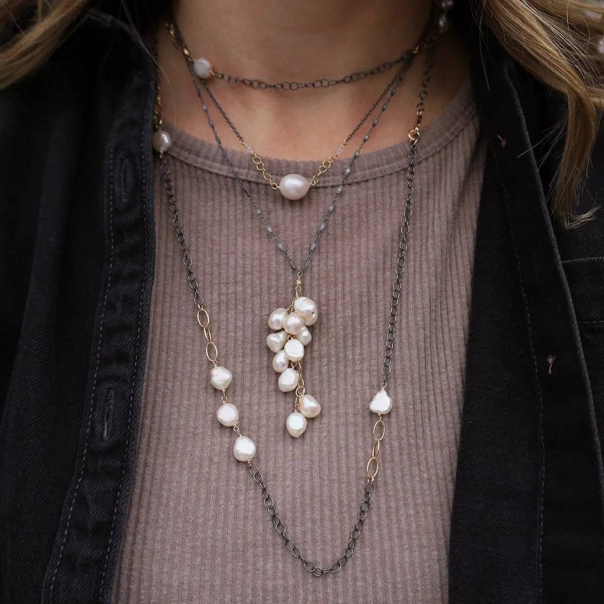 Waterfall Pearl Necklace Oxidized Sterling Silver Necklace